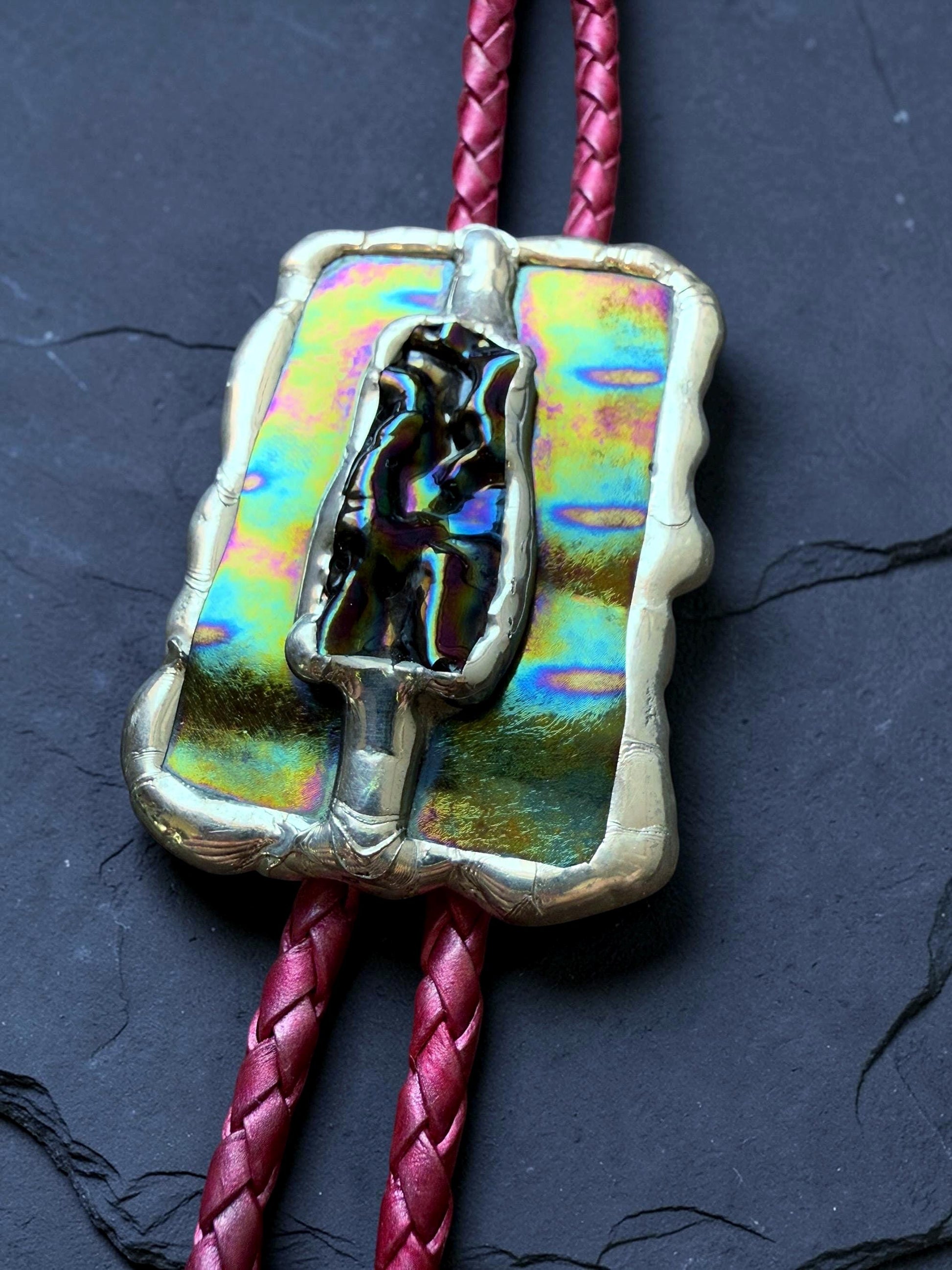 Brutalist Holographic Stained Glass Bolo Tie – Handmade Western Necklace | Whimsical Jewelry for Festival Fashion and Celestial Cowboy Vibes
