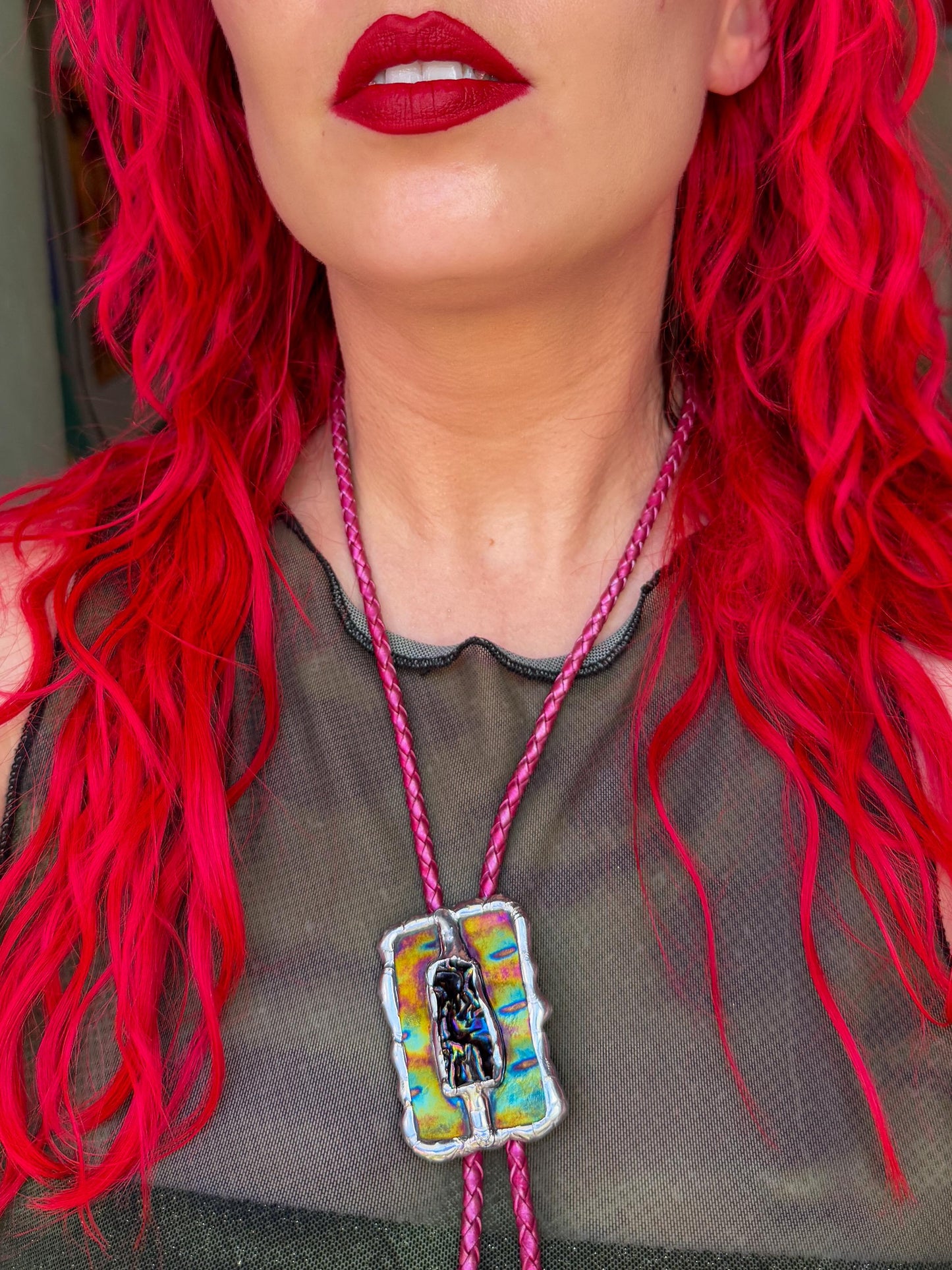 Brutalist Holographic Stained Glass Bolo Tie – Handmade Western Necklace | Whimsical Jewelry for Festival Fashion and Celestial Cowboy Vibes