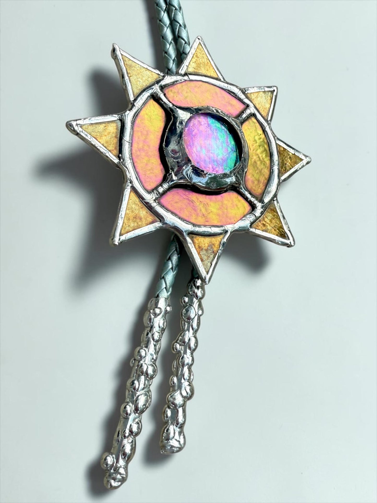 Whimsigoth Sun Bolo Tie – Handmade Stained Glass Western Necklace – Opal-Like Glass Statement Piece – Celestial, Festival, Cowboy Fashion