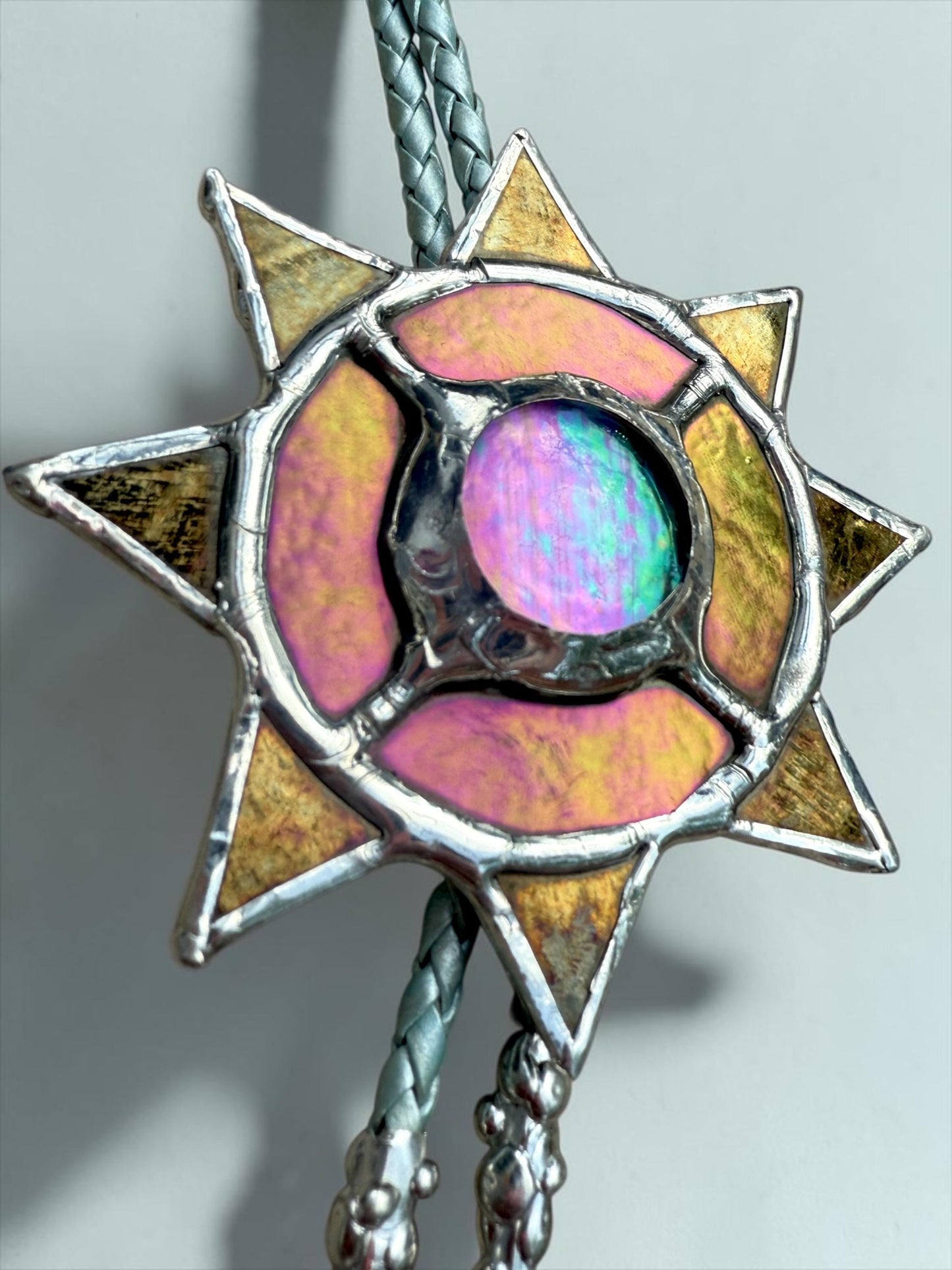 Whimsigoth Sun Bolo Tie – Handmade Stained Glass Western Necklace – Opal-Like Glass Statement Piece – Celestial, Festival, Cowboy Fashion