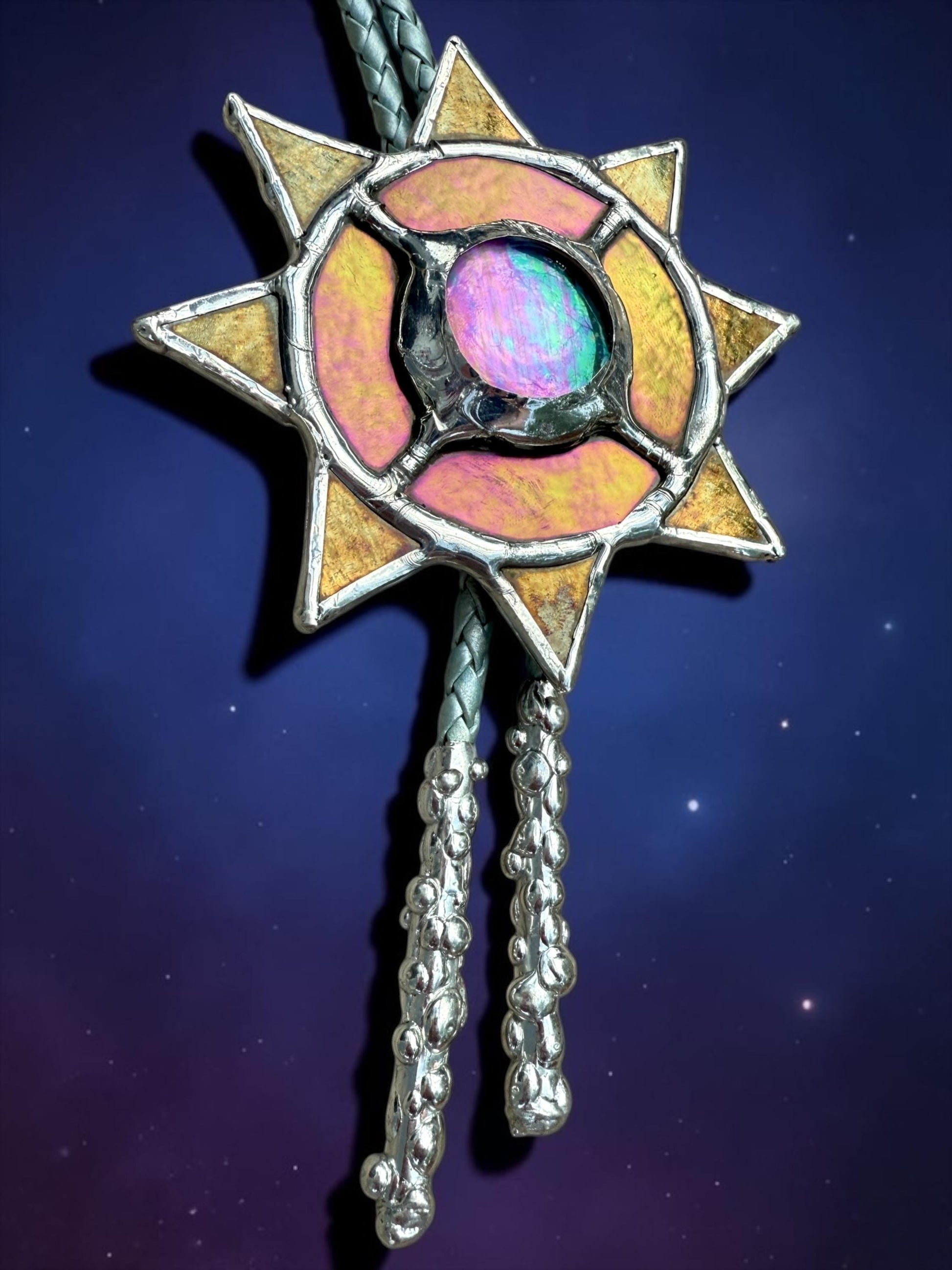 Whimsigoth Sun Bolo Tie – Handmade Stained Glass Western Necklace – Opal-Like Glass Statement Piece – Celestial, Festival, Cowboy Fashion