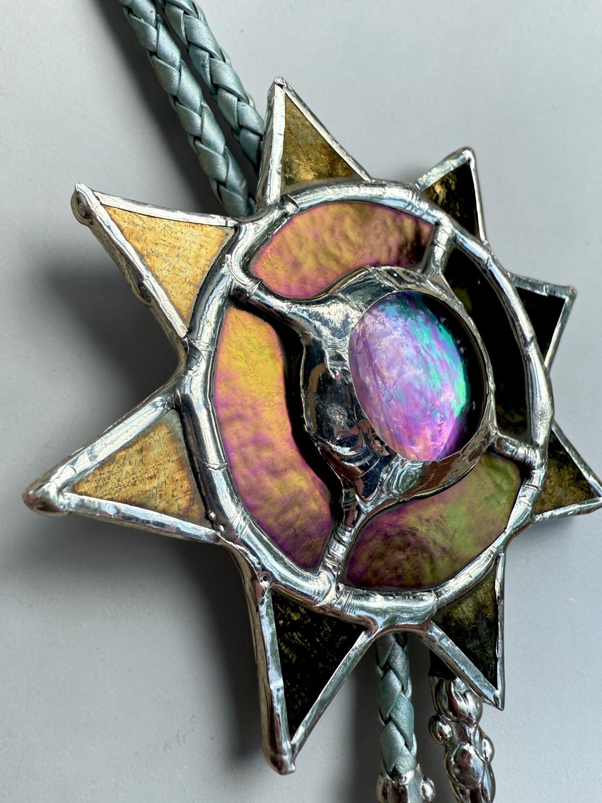 Whimsigoth Sun Bolo Tie – Handmade Stained Glass Western Necklace – Opal-Like Glass Statement Piece – Celestial, Festival, Cowboy Fashion