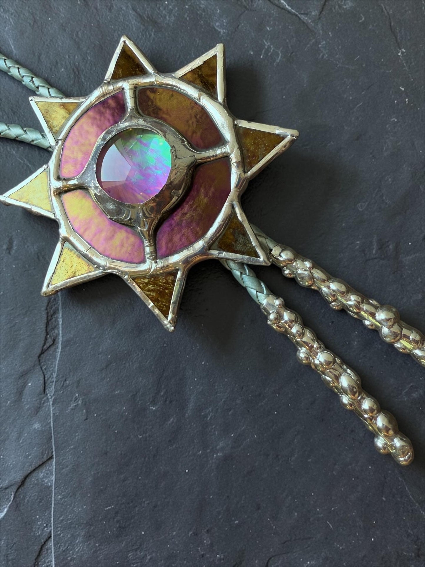 Whimsigoth Sun Bolo Tie – Handmade Stained Glass Western Necklace – Opal-Like Glass Statement Piece – Celestial, Festival, Cowboy Fashion