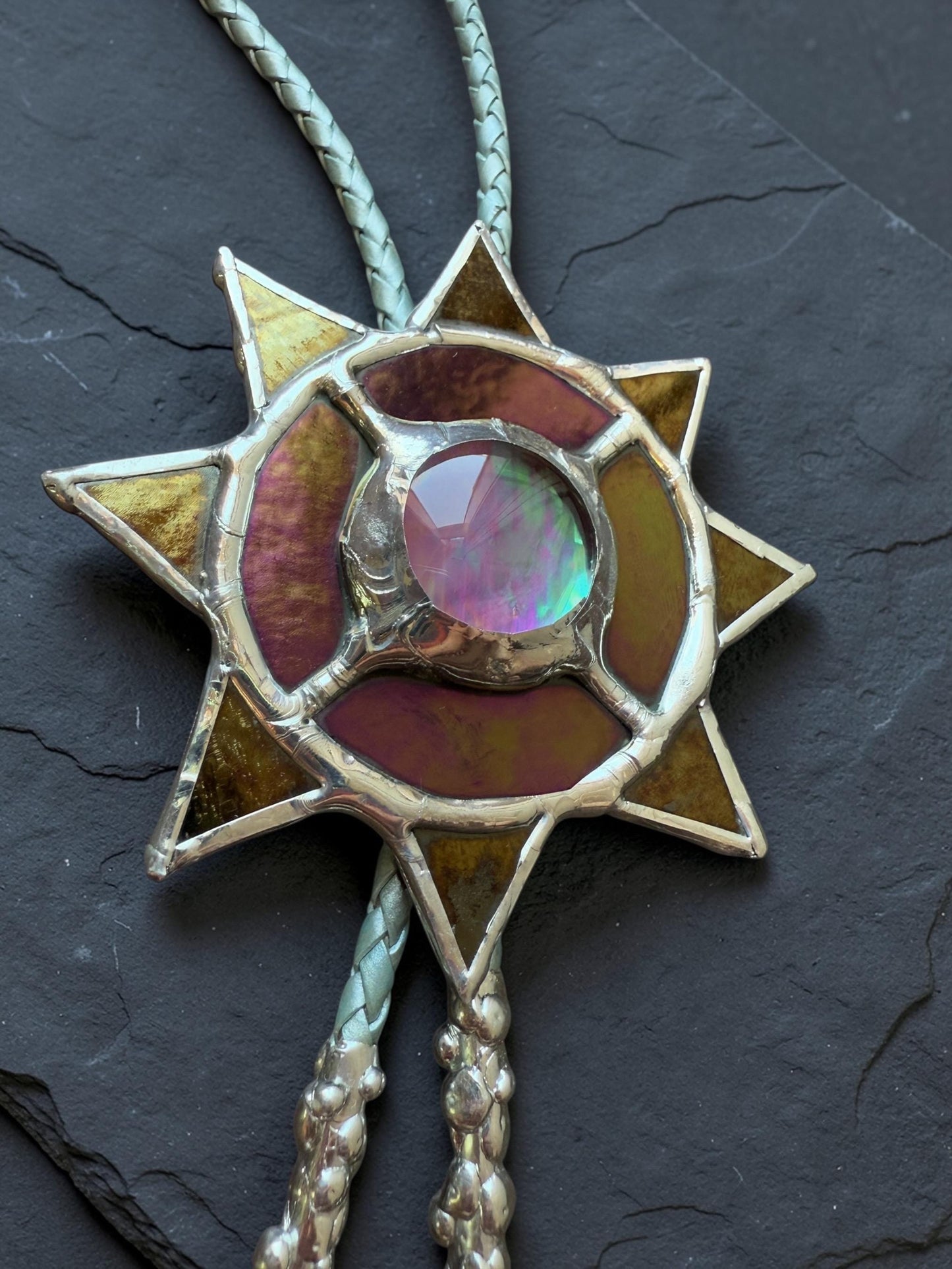 Whimsigoth Sun Bolo Tie – Handmade Stained Glass Western Necklace – Opal-Like Glass Statement Piece – Celestial, Festival, Cowboy Fashion