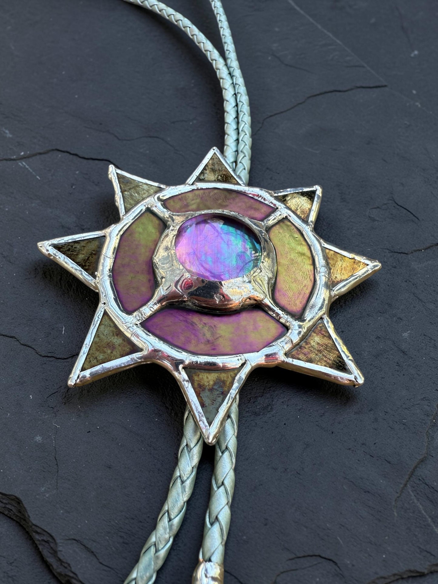 Whimsigoth Sun Bolo Tie – Handmade Stained Glass Western Necklace – Opal-Like Glass Statement Piece – Celestial, Festival, Cowboy Fashion