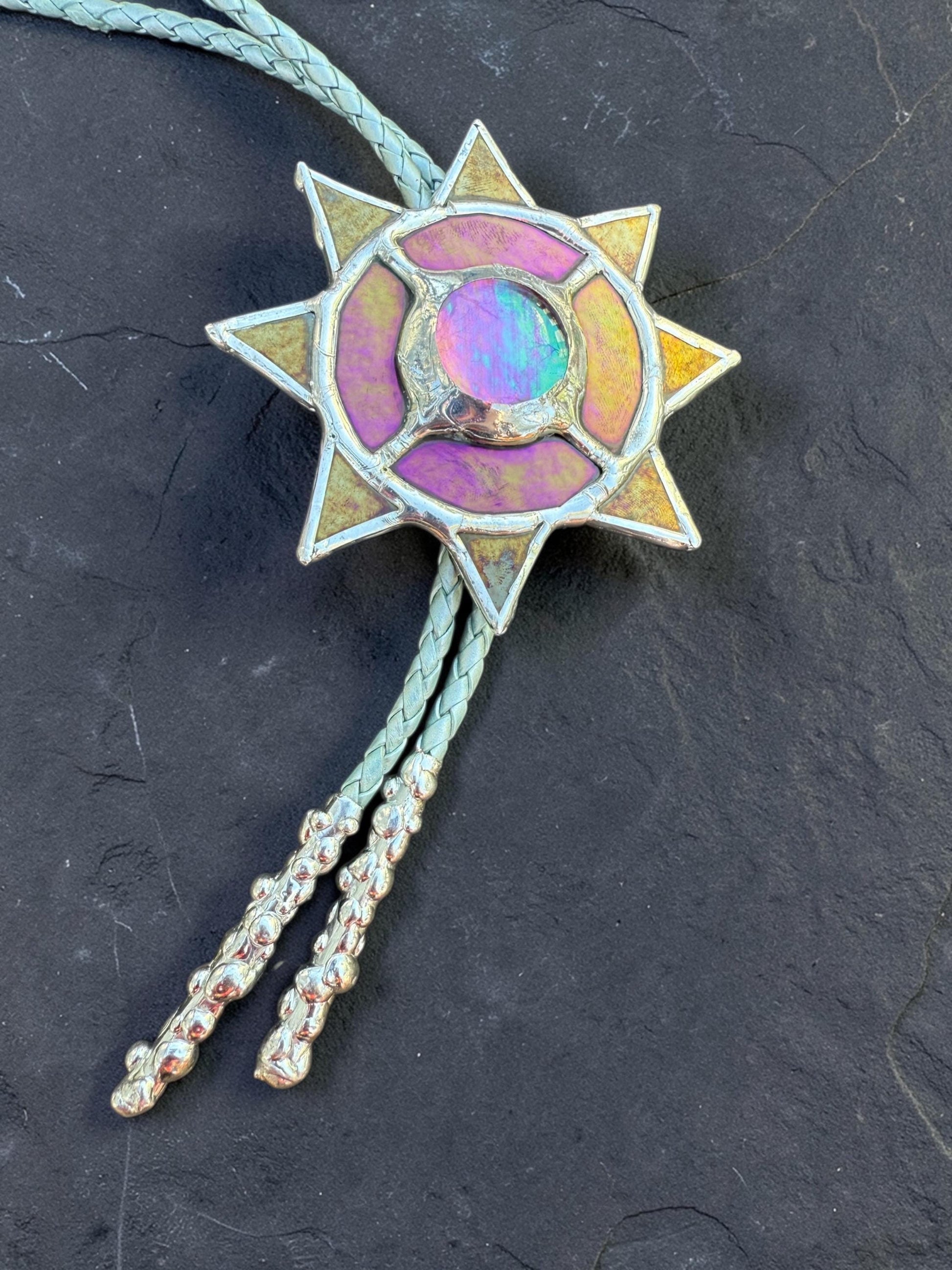 Whimsigoth Sun Bolo Tie – Handmade Stained Glass Western Necklace – Opal-Like Glass Statement Piece – Celestial, Festival, Cowboy Fashion