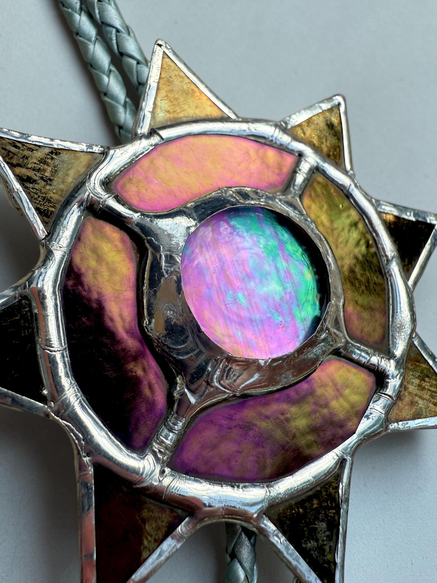 Whimsigoth Sun Bolo Tie – Handmade Stained Glass Western Necklace – Opal-Like Glass Statement Piece – Celestial, Festival, Cowboy Fashion