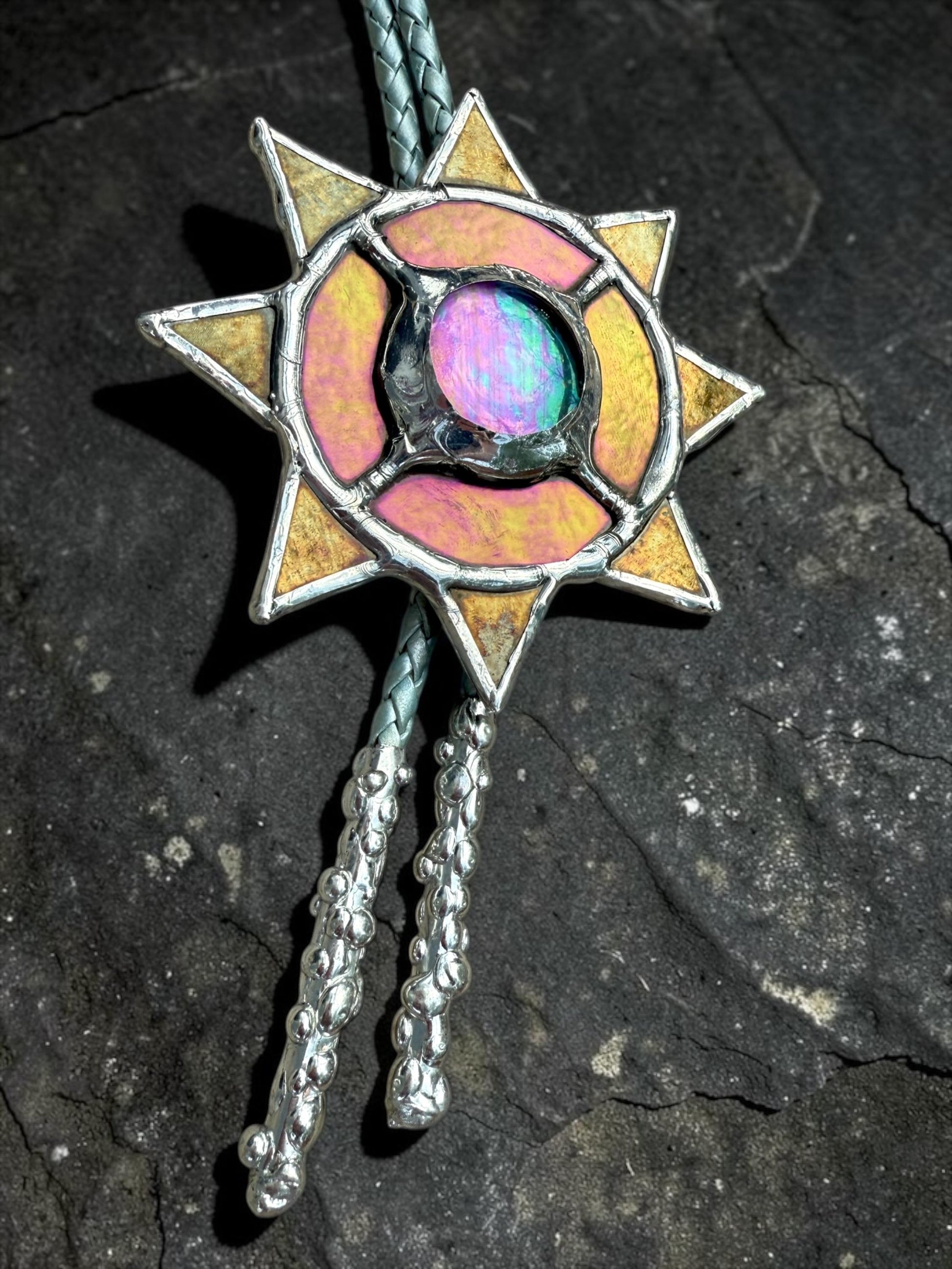Whimsigoth Sun Bolo Tie – Handmade Stained Glass Western Necklace – Opal-Like Glass Statement Piece – Celestial, Festival, Cowboy Fashion