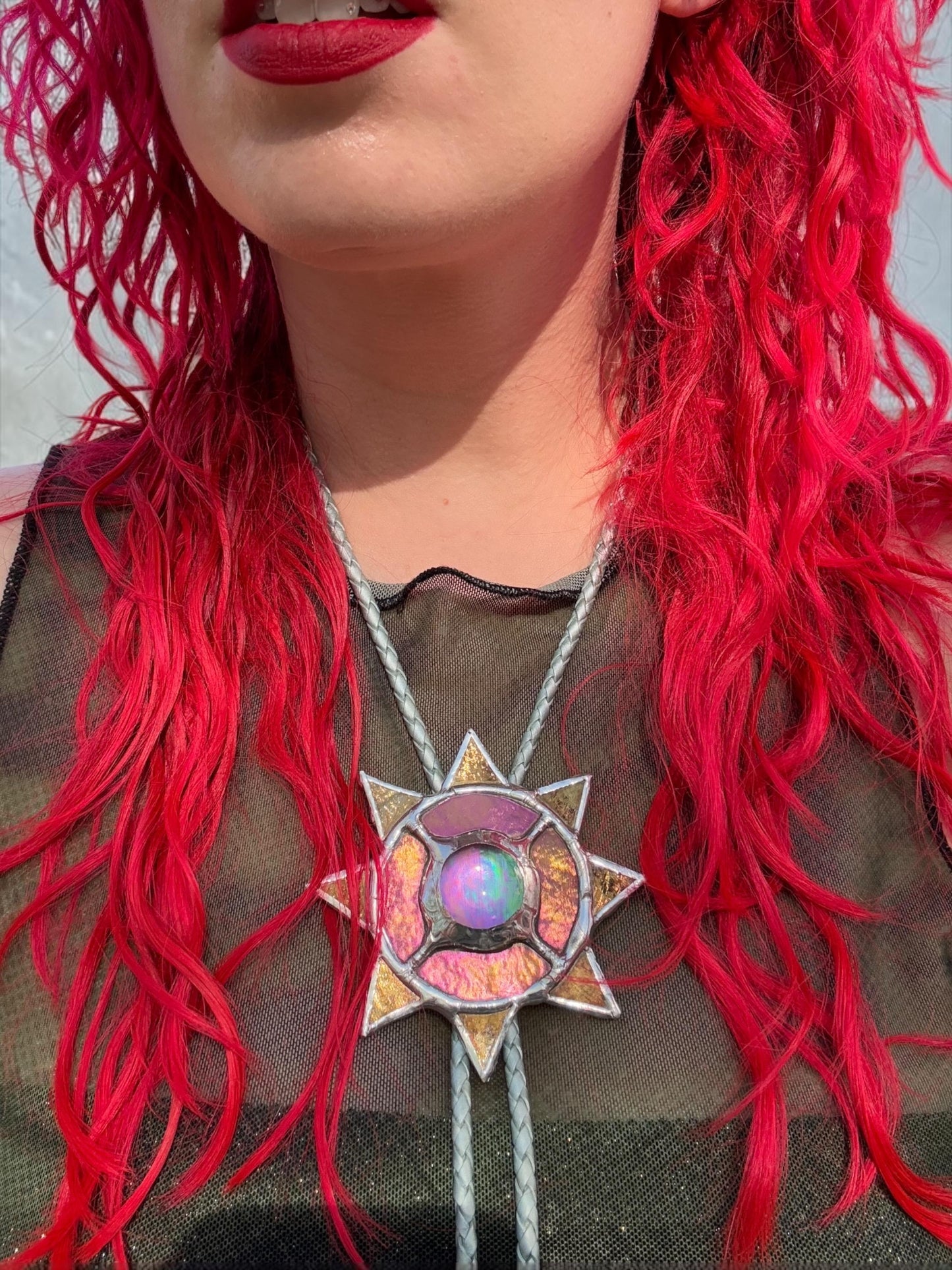 Whimsigoth Sun Bolo Tie – Handmade Stained Glass Western Necklace – Opal-Like Glass Statement Piece – Celestial, Festival, Cowboy Fashion