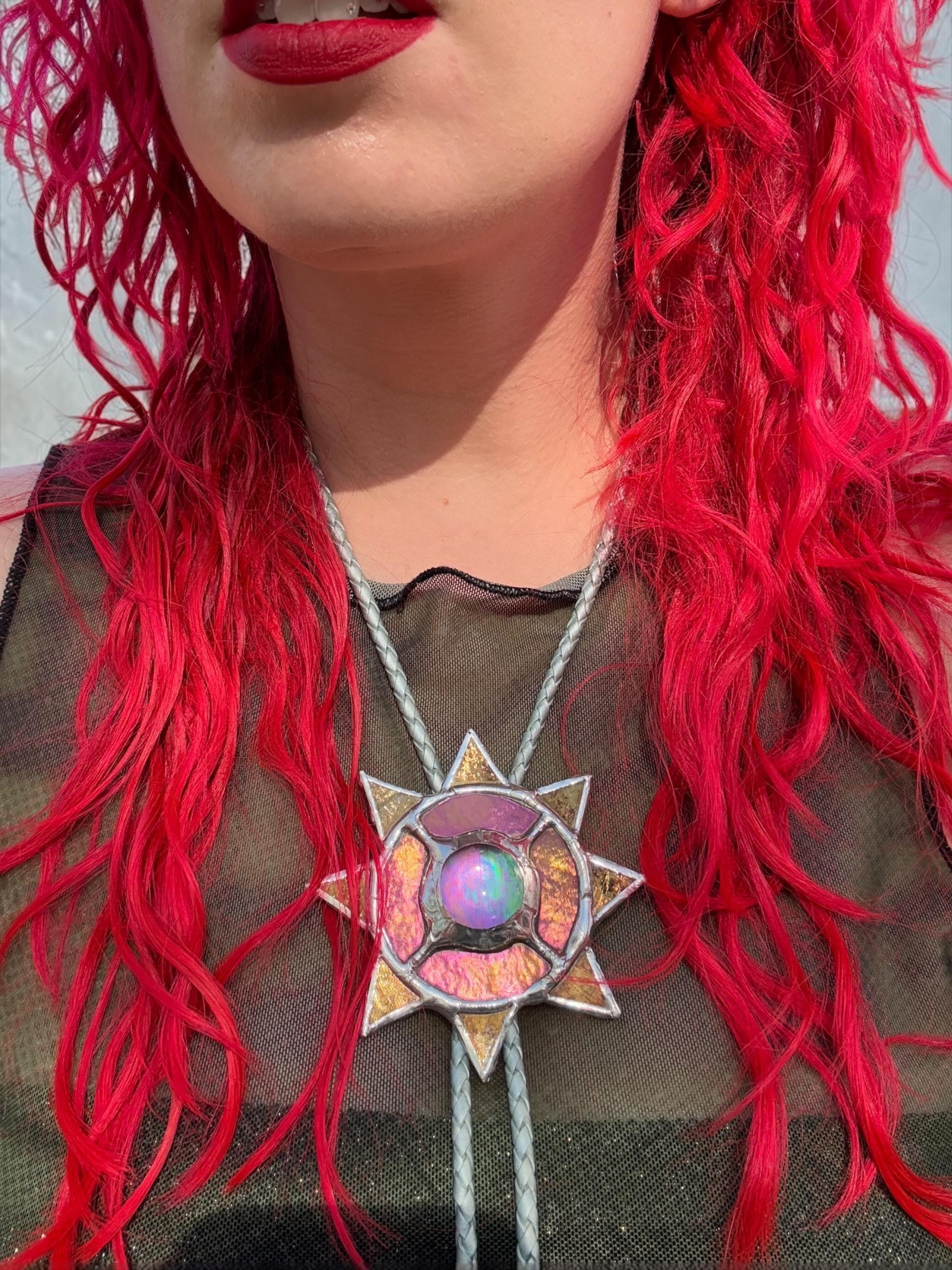 Whimsigoth Sun Bolo Tie – Handmade Stained Glass Western Necklace – Opal-Like Glass Statement Piece – Celestial, Festival, Cowboy Fashion