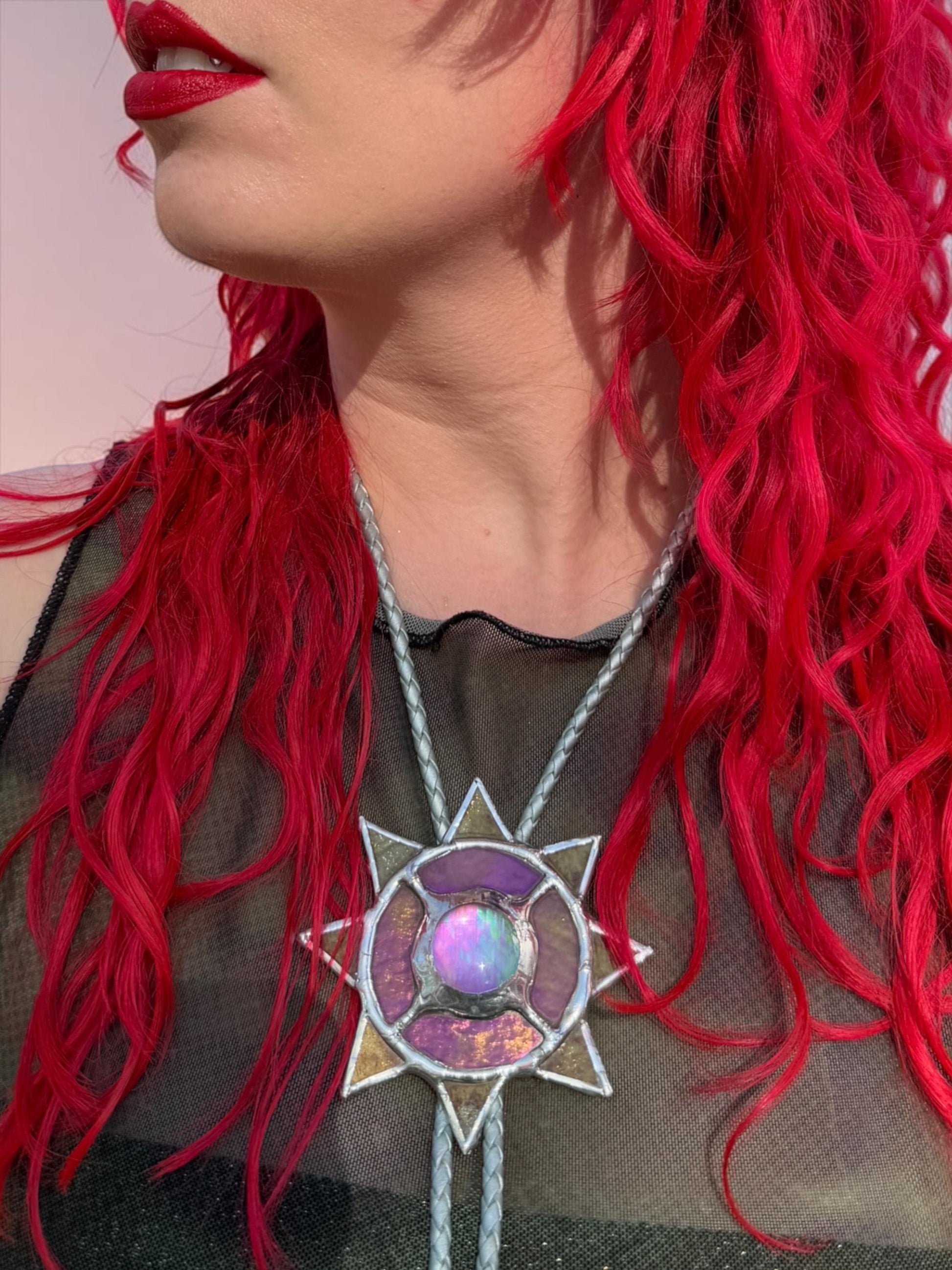 Whimsigoth Sun Bolo Tie – Handmade Stained Glass Western Necklace – Opal-Like Glass Statement Piece – Celestial, Festival, Cowboy Fashion