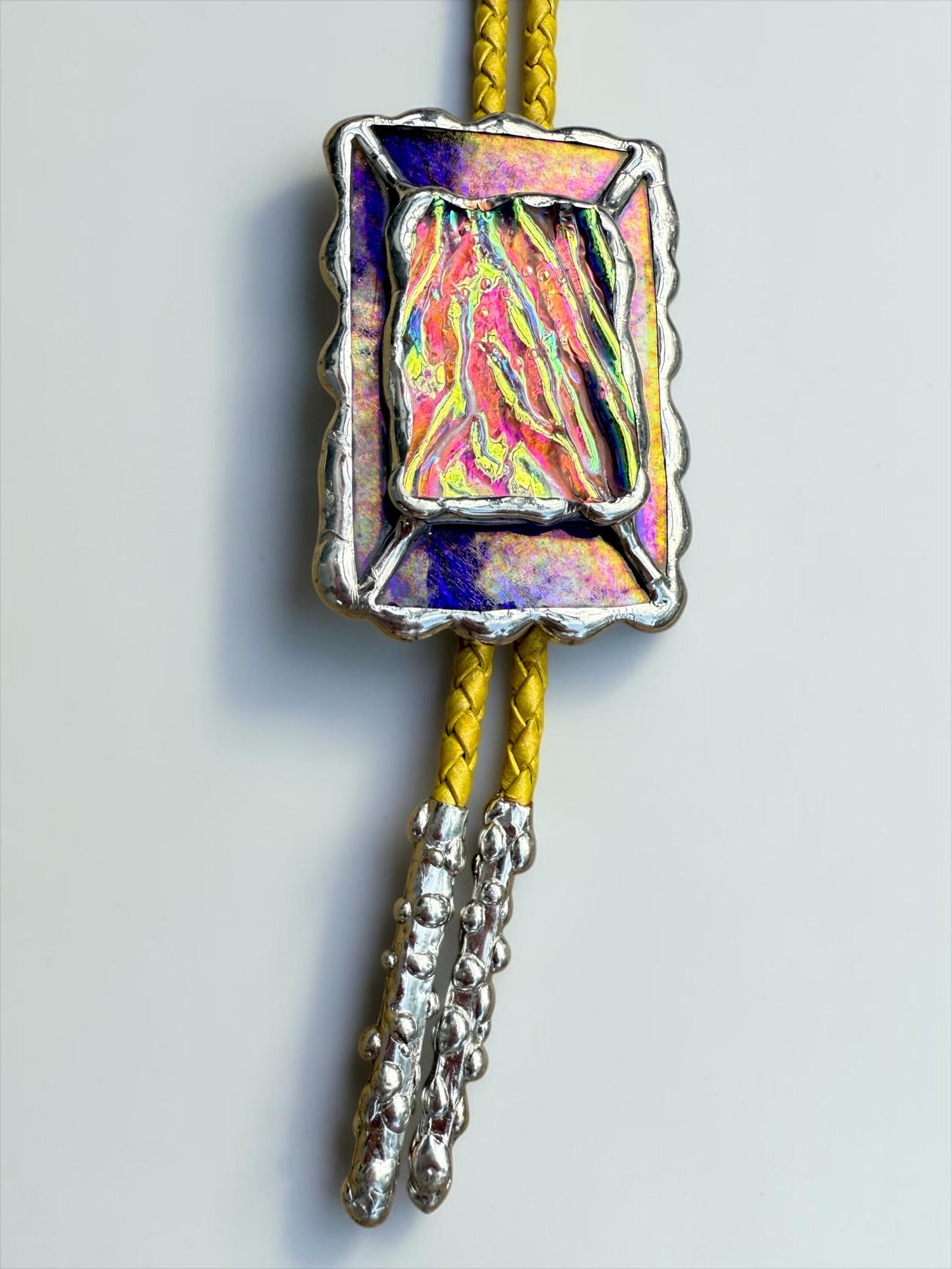 Holographic Stained Glass Bolo Tie – Cobalt Blue + Yellow Western Statement Cord Necklace for Festival, Rave and Celestial Cowboy Fashion