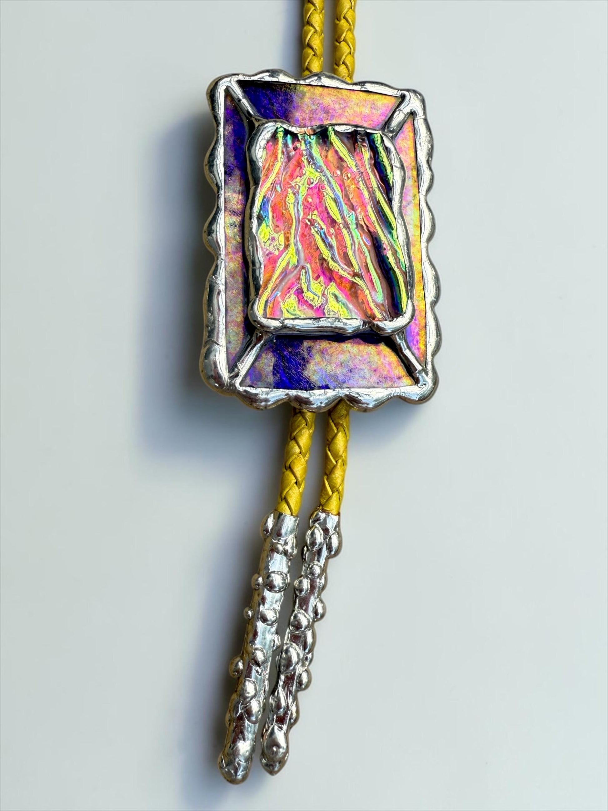 Holographic Stained Glass Bolo Tie – Cobalt Blue + Yellow Western Statement Cord Necklace for Festival, Rave and Celestial Cowboy Fashion