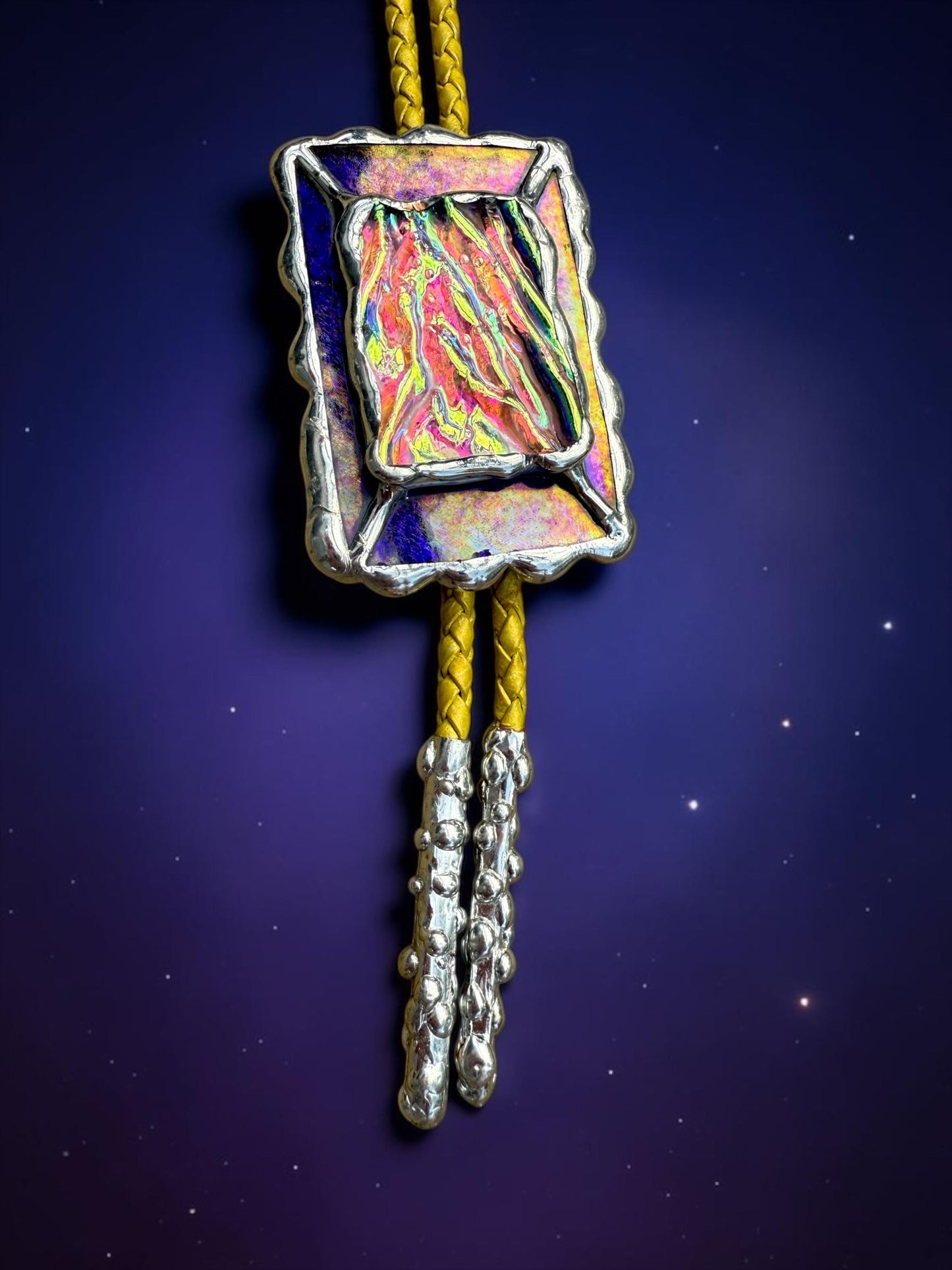 Holographic Stained Glass Bolo Tie – Cobalt Blue + Yellow Western Statement Cord Necklace for Festival, Rave and Celestial Cowboy Fashion