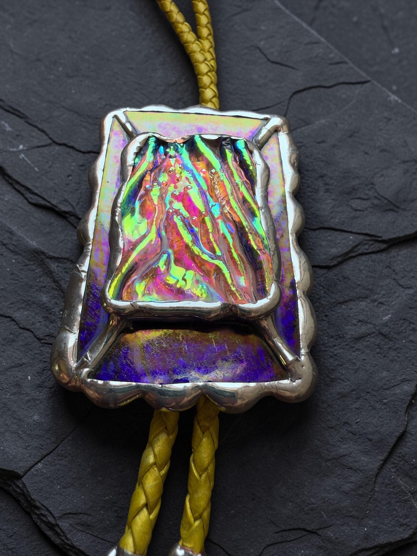 Holographic Stained Glass Bolo Tie – Cobalt Blue + Yellow Western Statement Cord Necklace for Festival, Rave and Celestial Cowboy Fashion