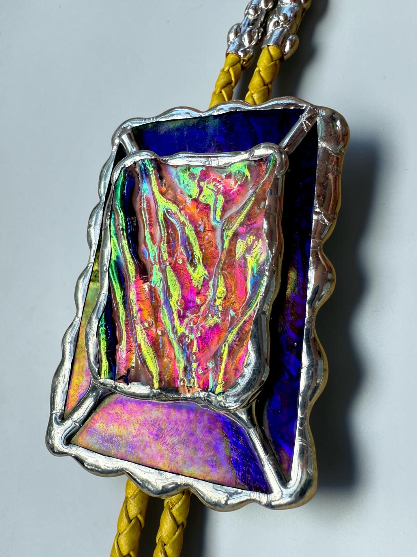 Holographic Stained Glass Bolo Tie – Cobalt Blue + Yellow Western Statement Cord Necklace for Festival, Rave and Celestial Cowboy Fashion