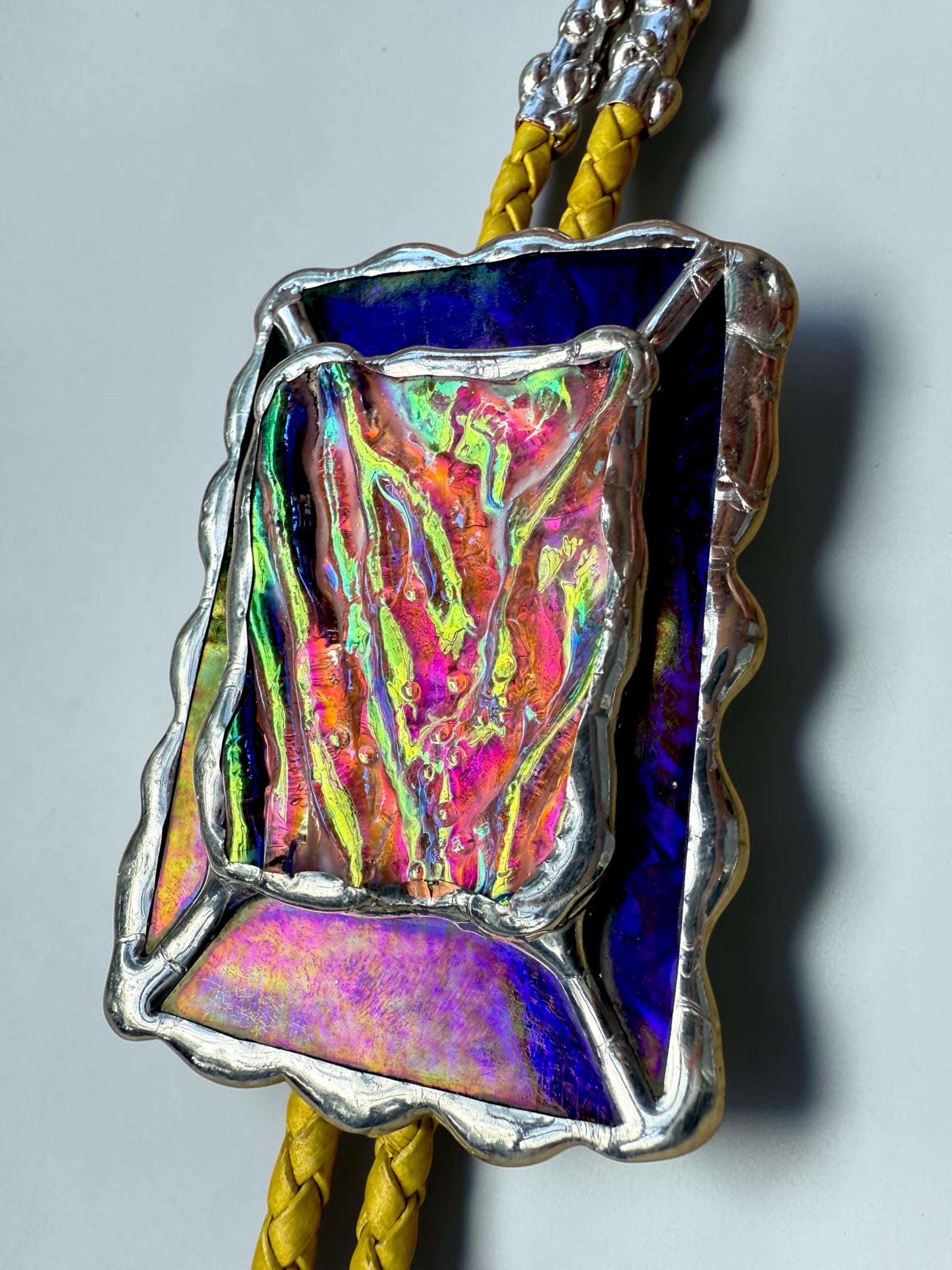 Holographic Stained Glass Bolo Tie – Cobalt Blue + Yellow Western Statement Cord Necklace for Festival, Rave and Celestial Cowboy Fashion