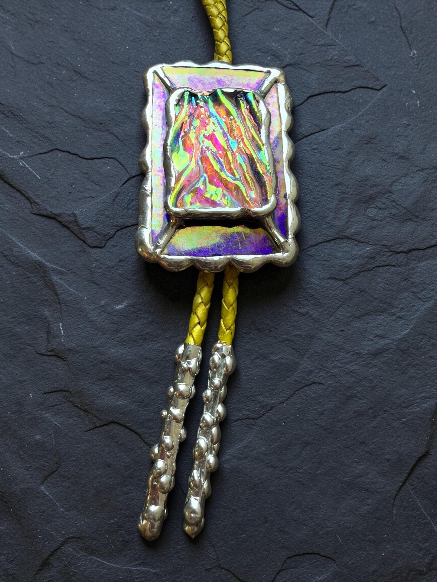 Holographic Stained Glass Bolo Tie – Cobalt Blue + Yellow Western Statement Cord Necklace for Festival, Rave and Celestial Cowboy Fashion