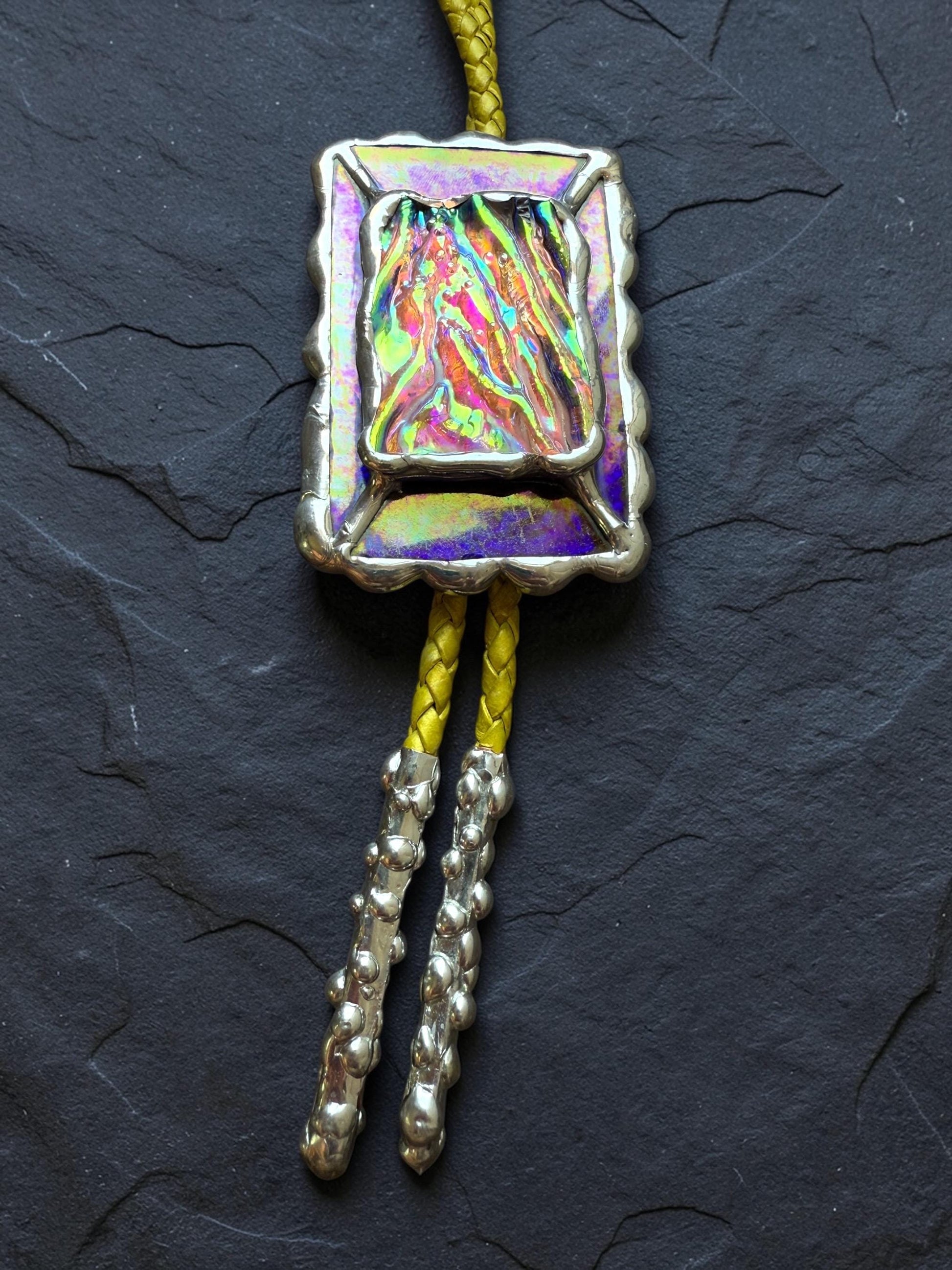 Holographic Stained Glass Bolo Tie – Cobalt Blue + Yellow Western Statement Cord Necklace for Festival, Rave and Celestial Cowboy Fashion