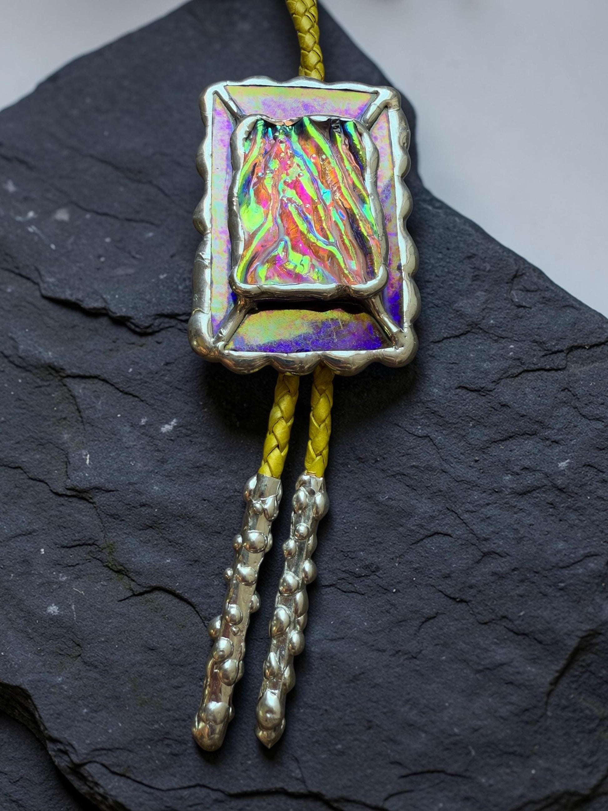 Holographic Stained Glass Bolo Tie – Cobalt Blue + Yellow Western Statement Cord Necklace for Festival, Rave and Celestial Cowboy Fashion