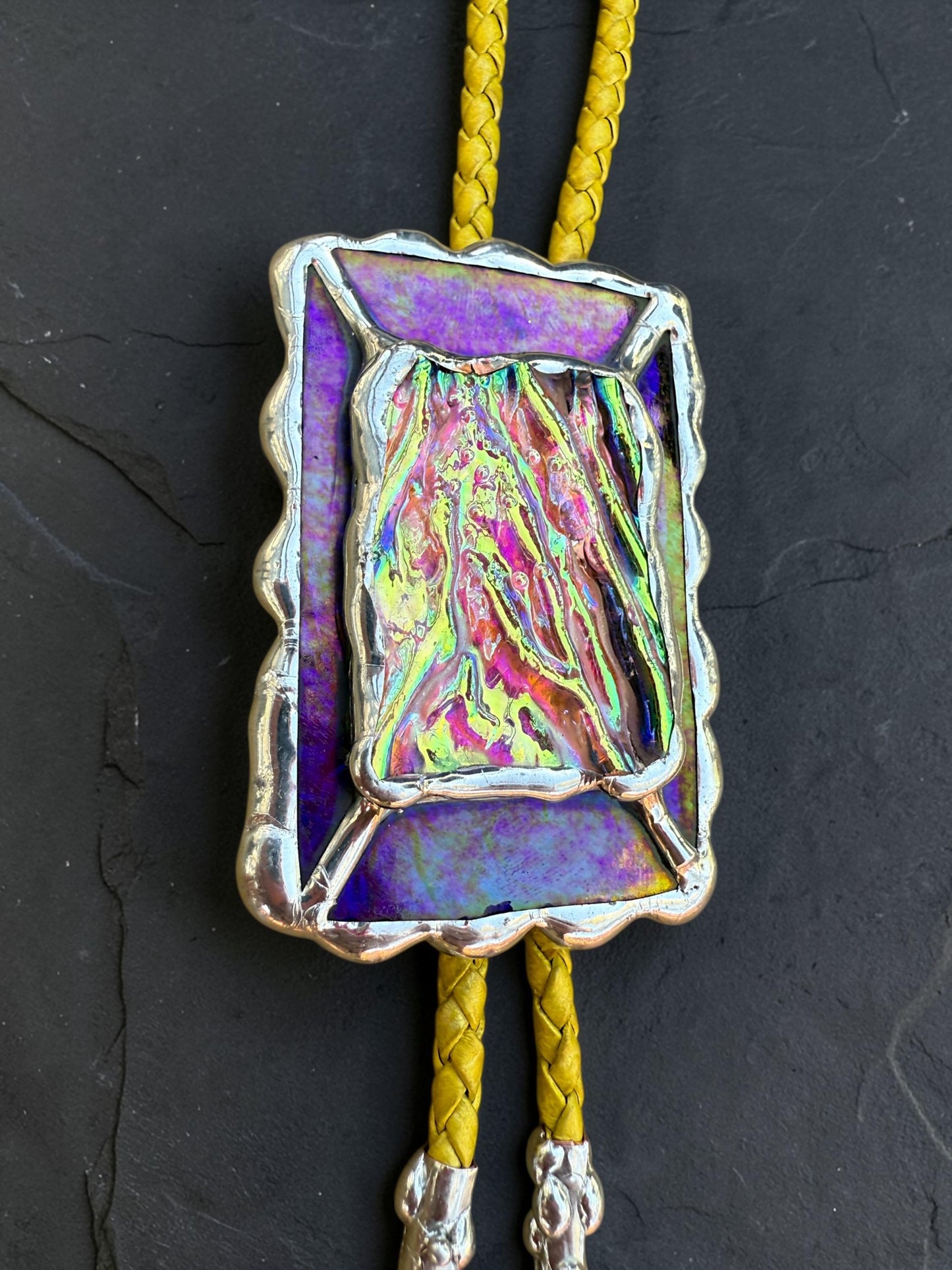 Holographic Stained Glass Bolo Tie – Cobalt Blue + Yellow Western Statement Cord Necklace for Festival, Rave and Celestial Cowboy Fashion