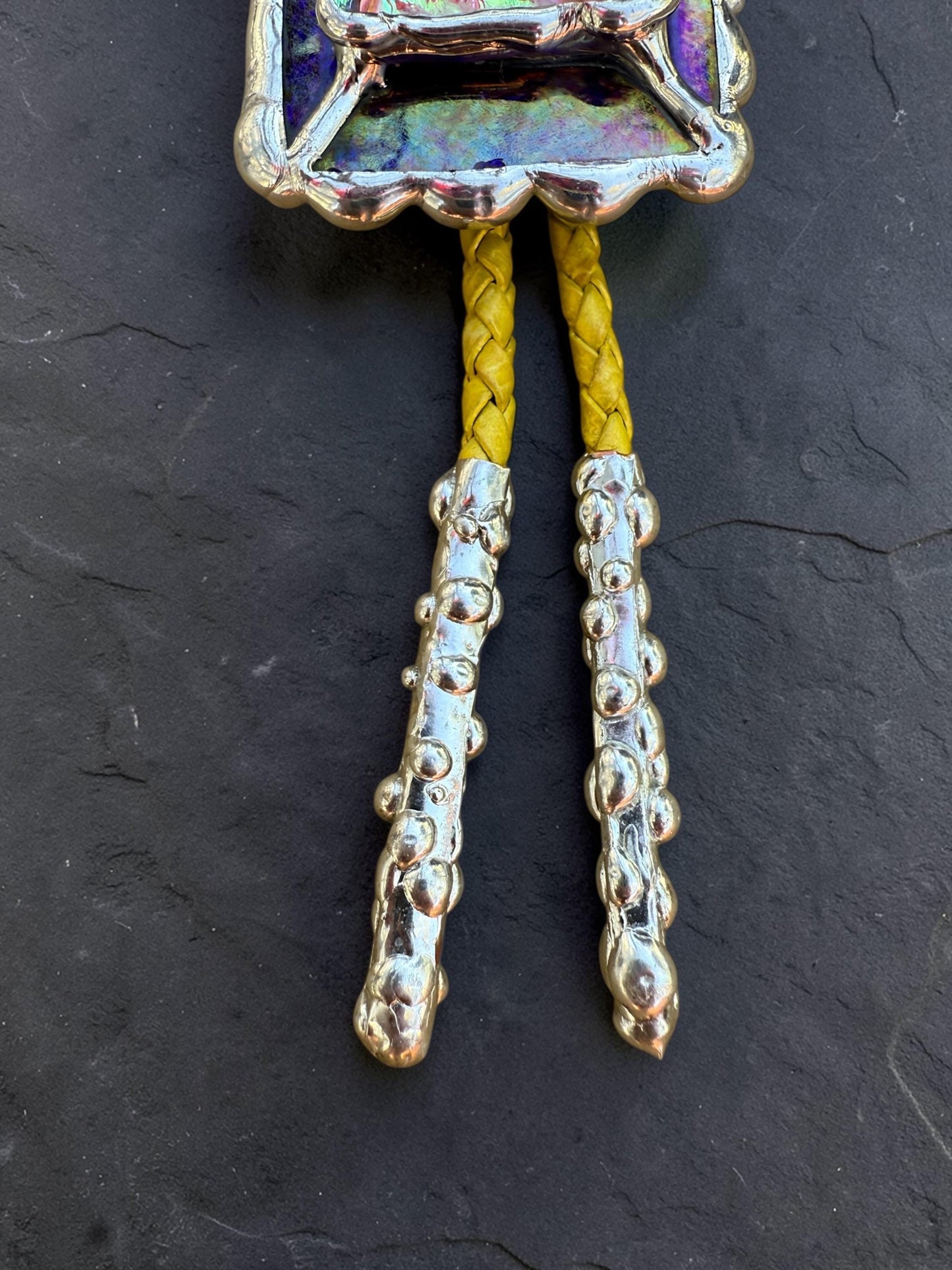 Holographic Stained Glass Bolo Tie – Cobalt Blue + Yellow Western Statement Cord Necklace for Festival, Rave and Celestial Cowboy Fashion