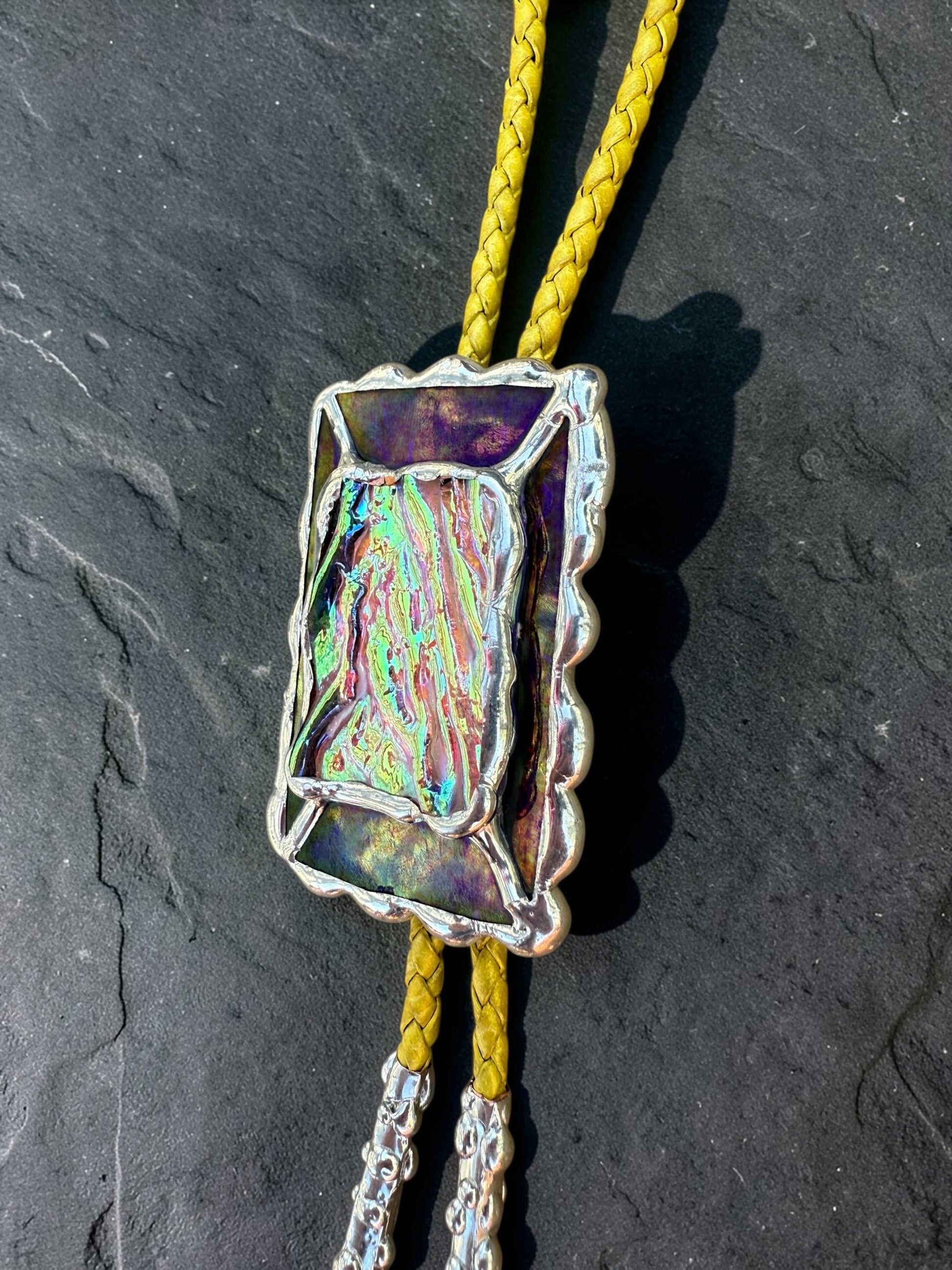 Holographic Stained Glass Bolo Tie – Cobalt Blue + Yellow Western Statement Cord Necklace for Festival, Rave and Celestial Cowboy Fashion