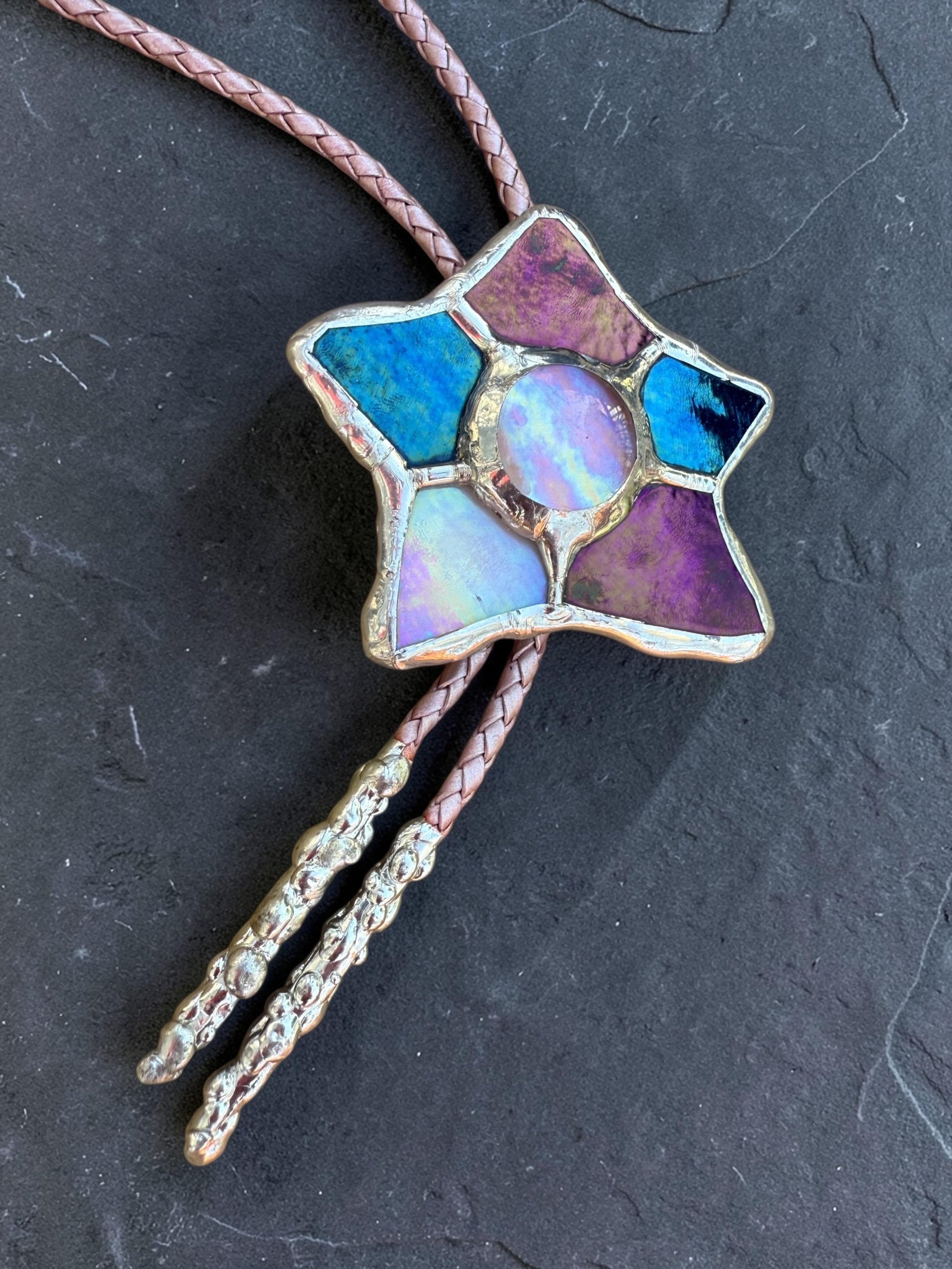 Whimsigoth Star Bolo Tie – Handmade Stained Glass Western Statement Necklace – Whimsical Jewelry for Festival Fashion and Celestial Beings