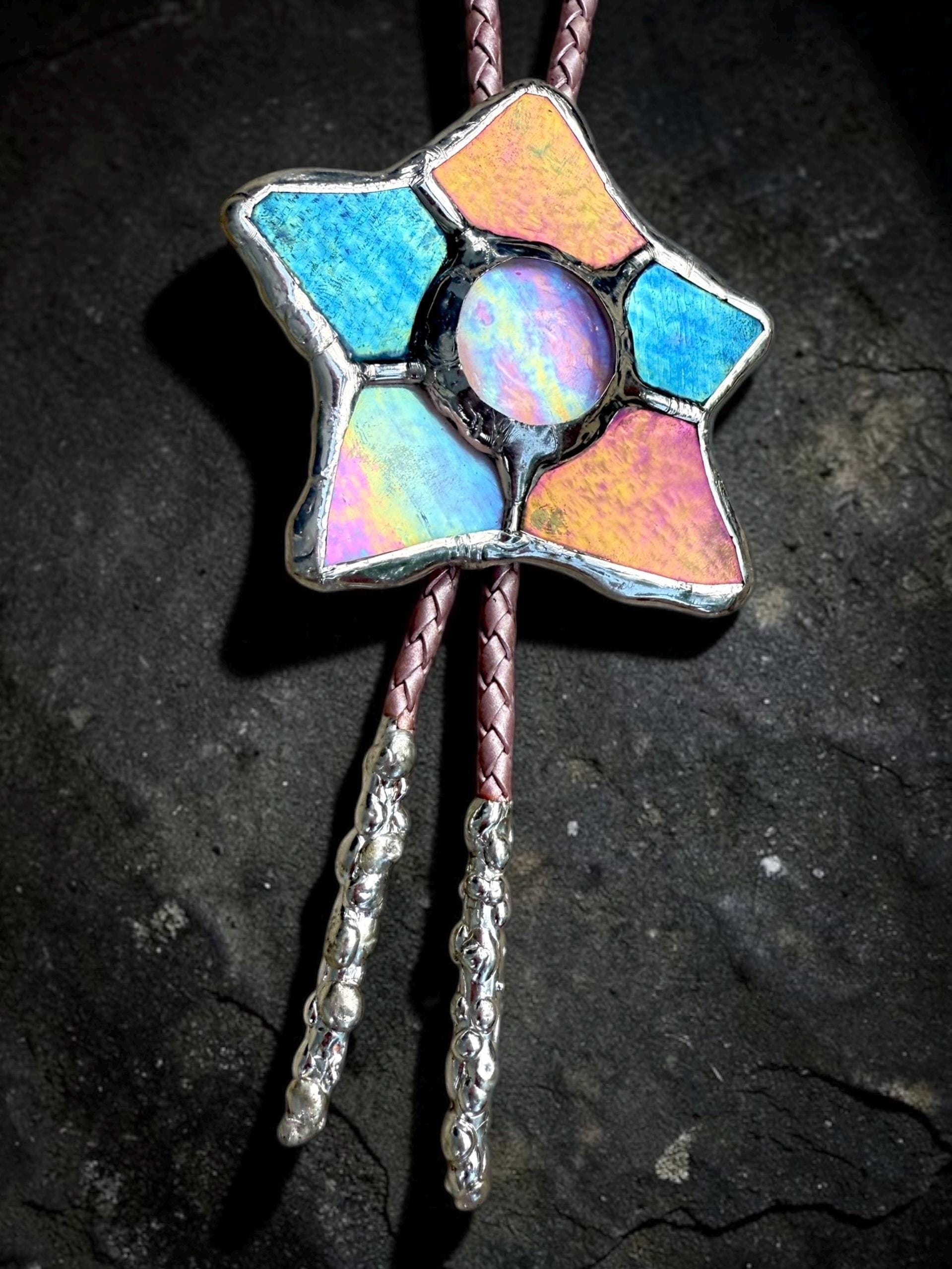 Whimsigoth Star Bolo Tie – Handmade Stained Glass Western Statement Necklace – Whimsical Jewelry for Festival Fashion and Celestial Beings