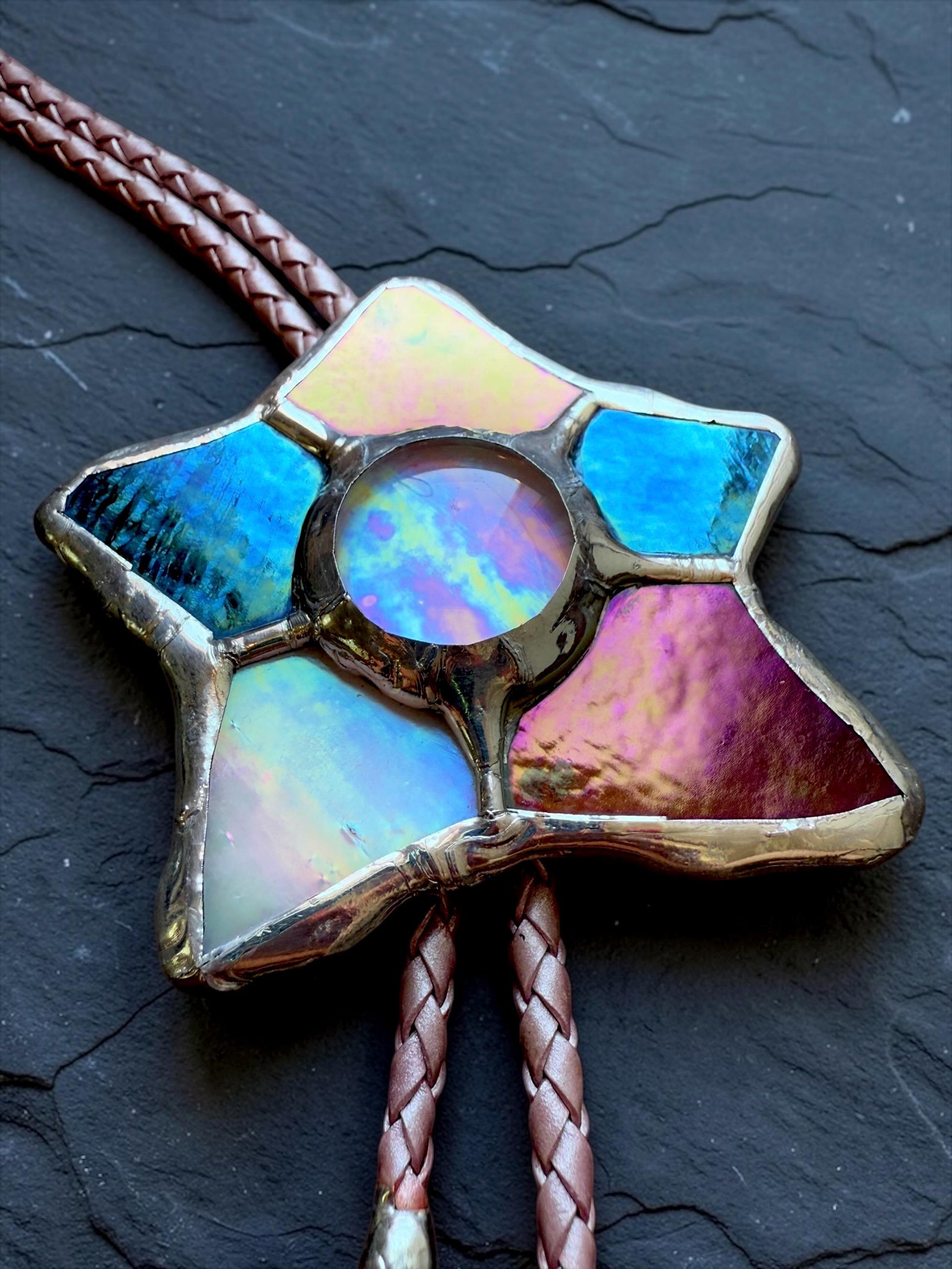 Whimsigoth Star Bolo Tie – Handmade Stained Glass Western Statement Necklace – Whimsical Jewelry for Festival Fashion and Celestial Beings