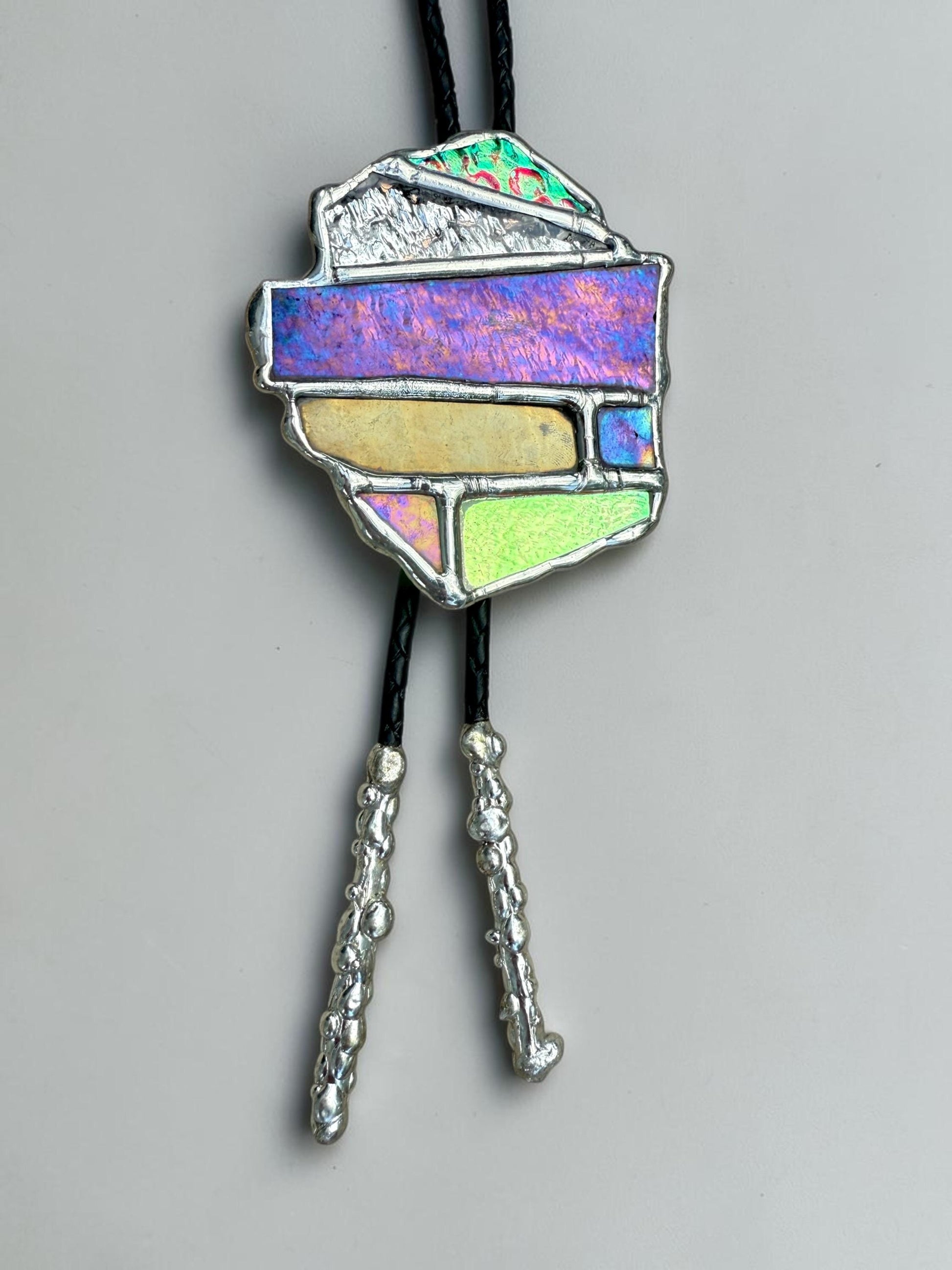 Brutalist Holographic Stained Glass Bolo Tie – Handmade Western Necklace | Whimsical Jewelry for Festival Fashion and Celestial Cowboy Vibes