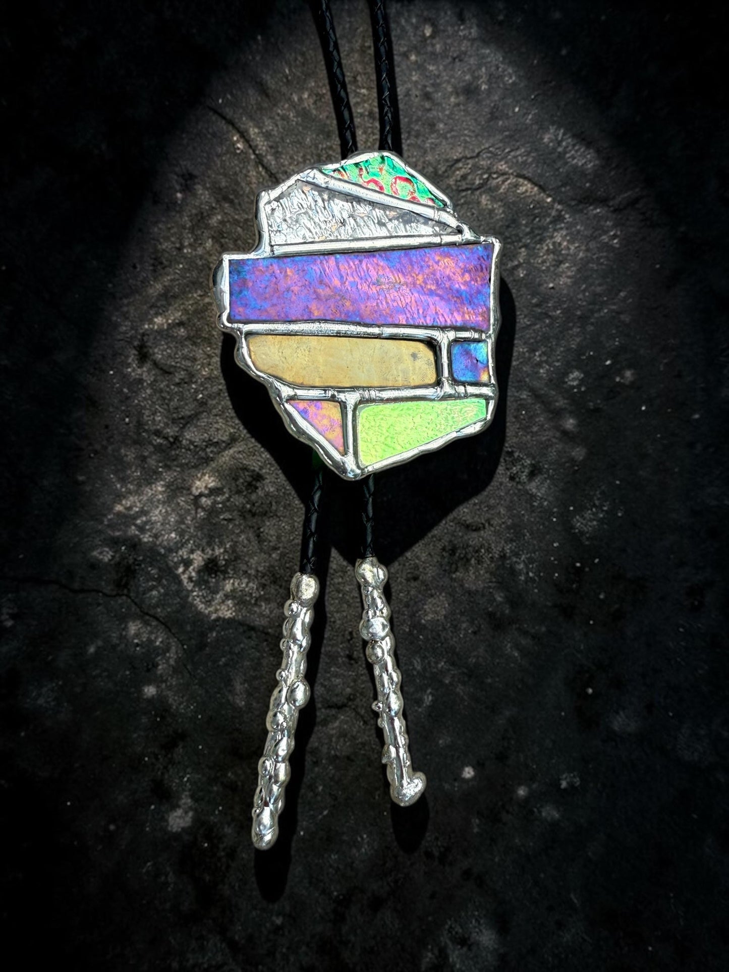 Brutalist Holographic Stained Glass Bolo Tie – Handmade Western Necklace | Whimsical Jewelry for Festival Fashion and Celestial Cowboy Vibes