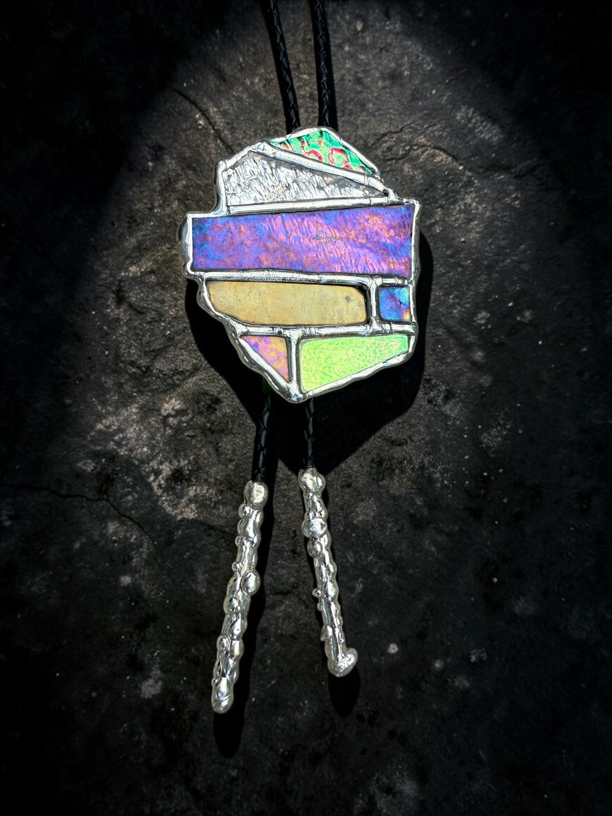 Brutalist Holographic Stained Glass Bolo Tie – Handmade Western Necklace | Whimsical Jewelry for Festival Fashion and Celestial Cowboy Vibes