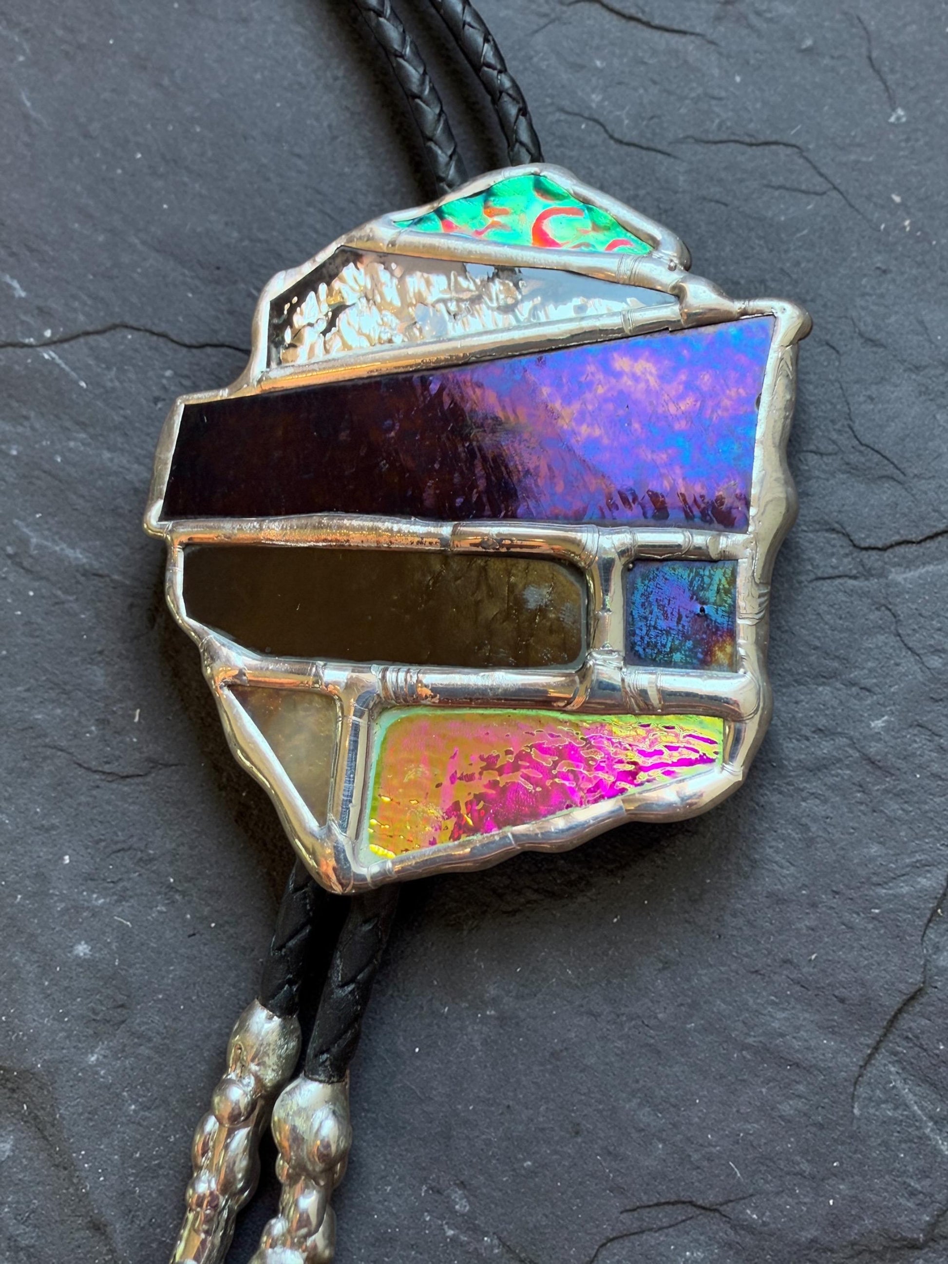 Brutalist Holographic Stained Glass Bolo Tie – Handmade Western Necklace | Whimsical Jewelry for Festival Fashion and Celestial Cowboy Vibes