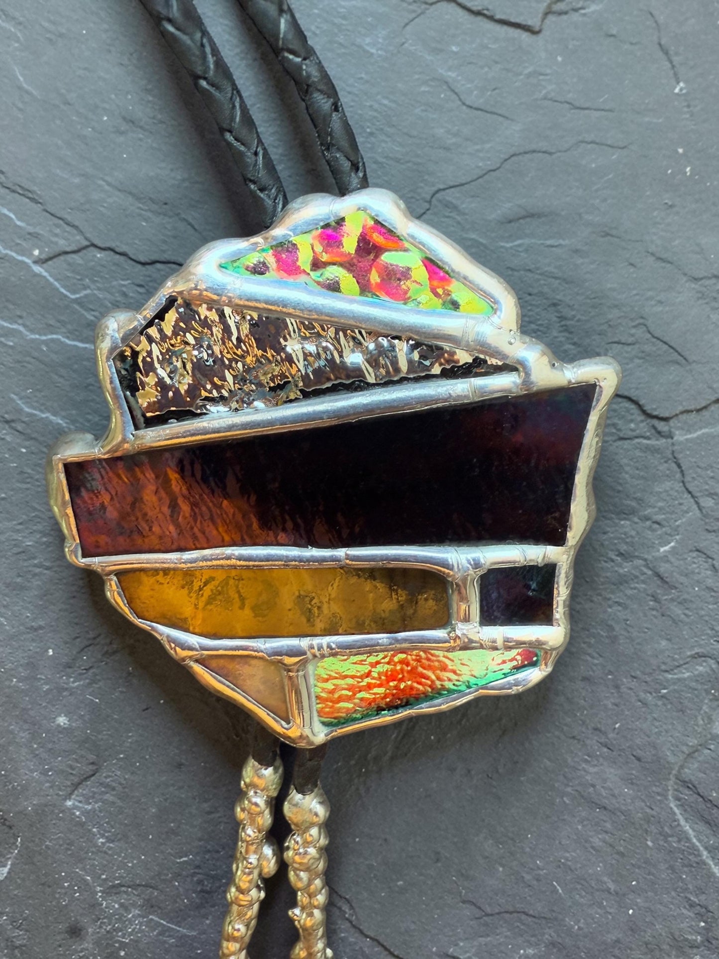 Brutalist Holographic Stained Glass Bolo Tie – Handmade Western Necklace | Whimsical Jewelry for Festival Fashion and Celestial Cowboy Vibes