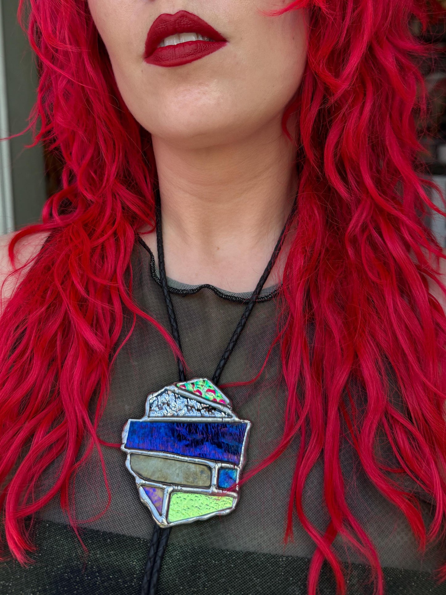 Brutalist Holographic Stained Glass Bolo Tie – Handmade Western Necklace | Whimsical Jewelry for Festival Fashion and Celestial Cowboy Vibes