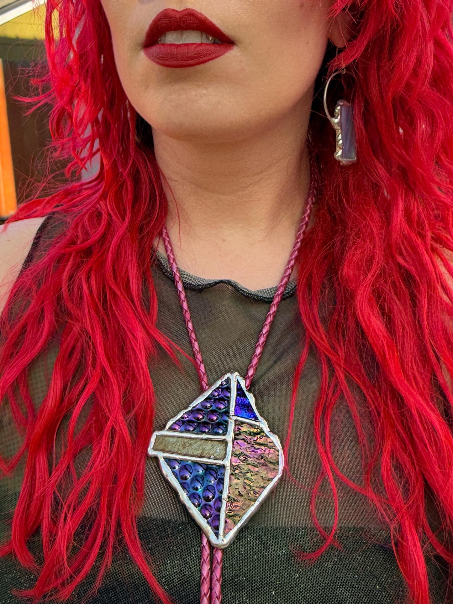 Brutalist Stained Glass Bolo Tie – Handmade Western Necklace | Whimsical Jewelry for Festival Fashion and Celestial Cowboy Vibes