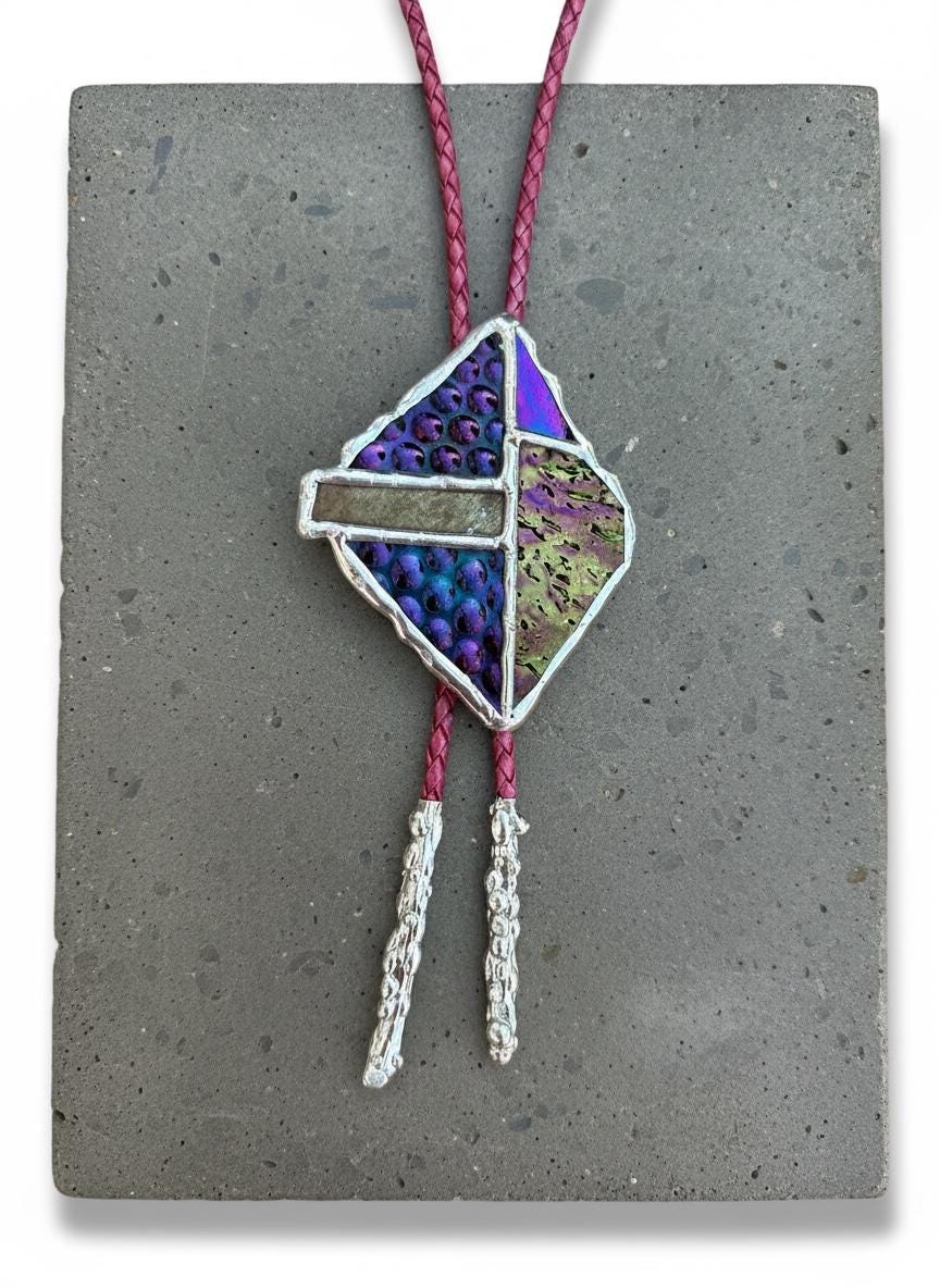 Brutalist Stained Glass Bolo Tie – Handmade Western Necklace | Whimsical Jewelry for Festival Fashion and Celestial Cowboy Vibes