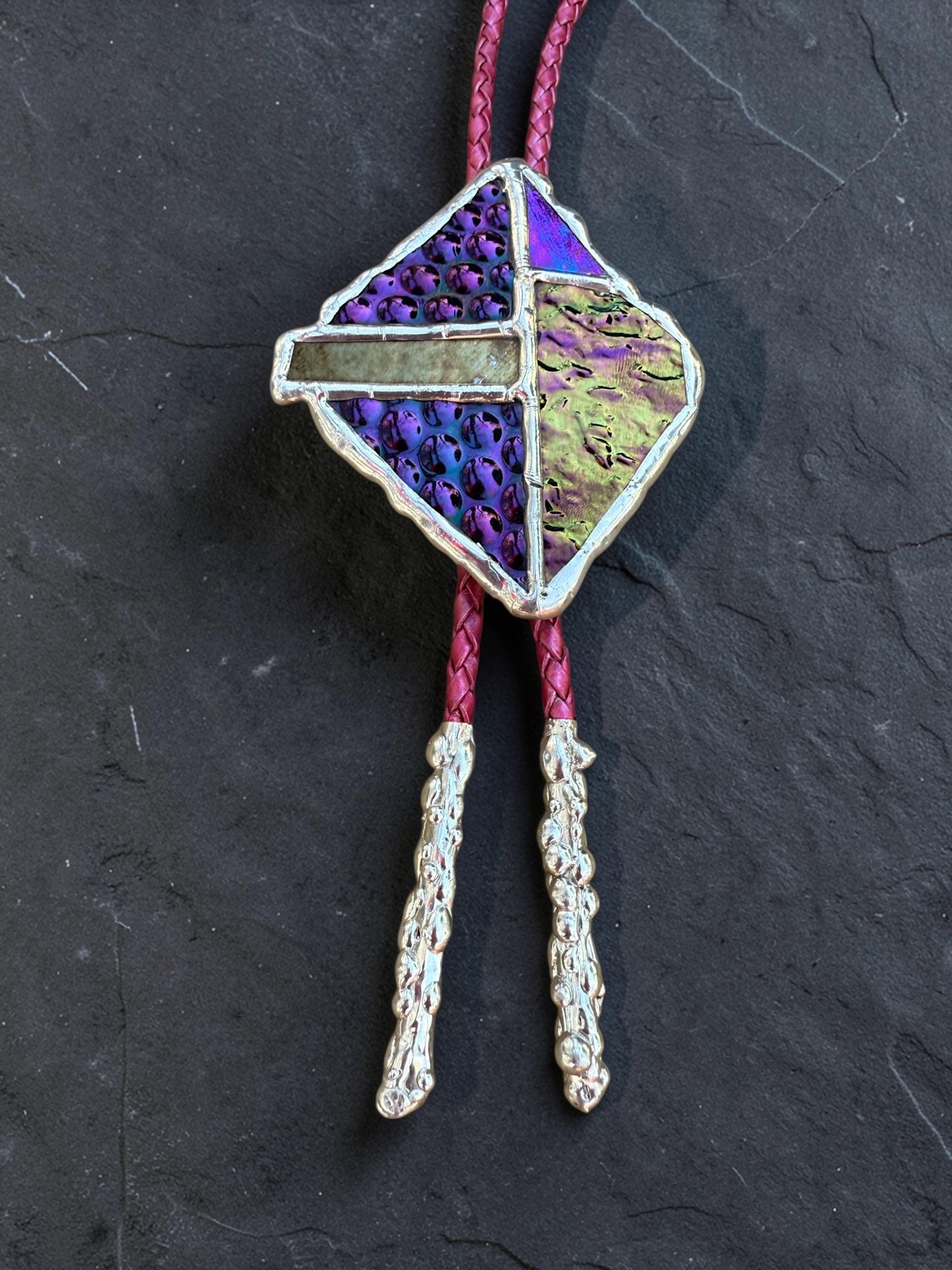 Brutalist Stained Glass Bolo Tie – Handmade Western Necklace | Whimsical Jewelry for Festival Fashion and Celestial Cowboy Vibes