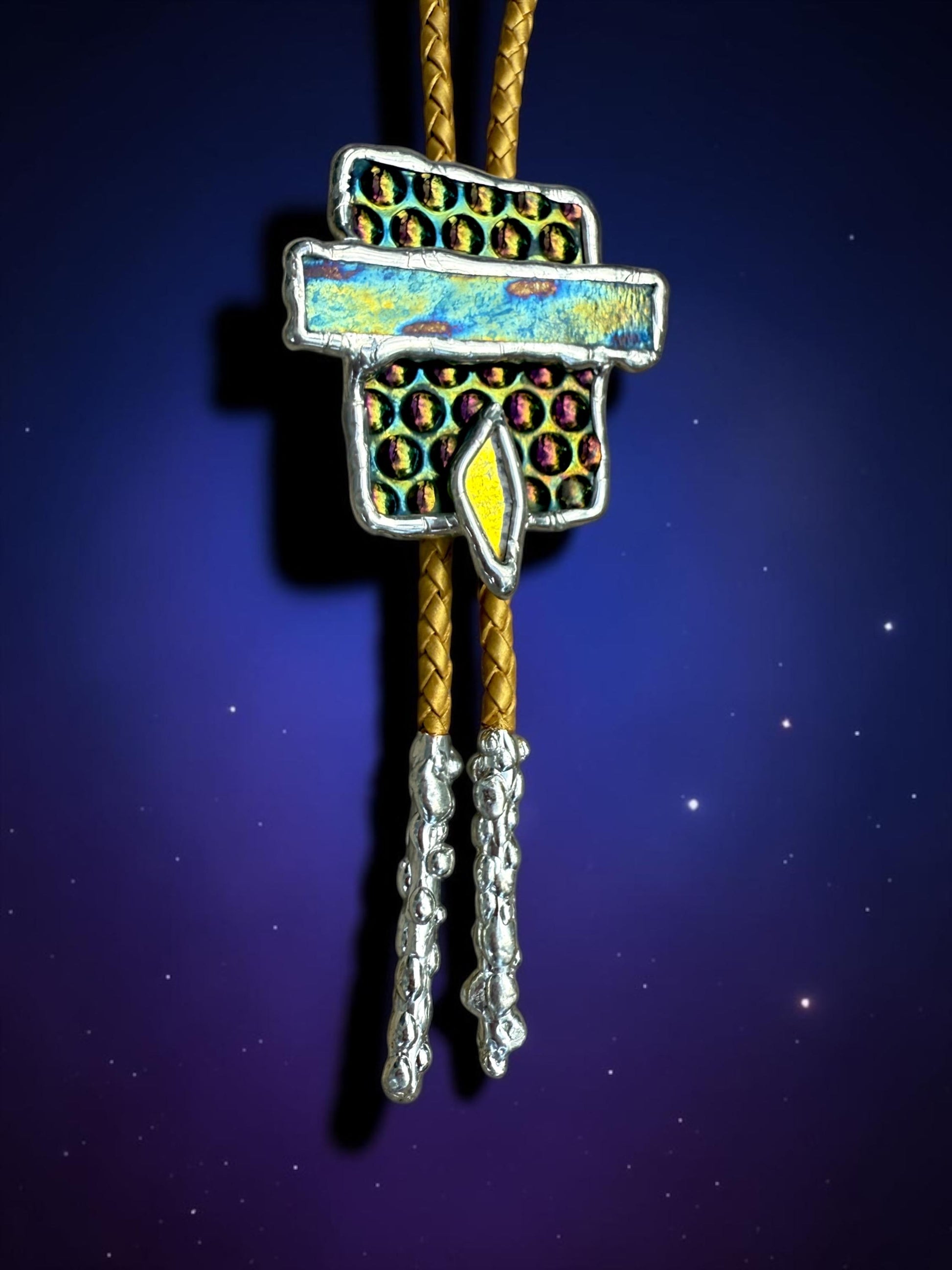 Cyberpunk Stained Glass Bolo Tie – Handmade Western Necklace | Whimsical Jewelry for Festival Fashion and Celestial Cowboy Vibes