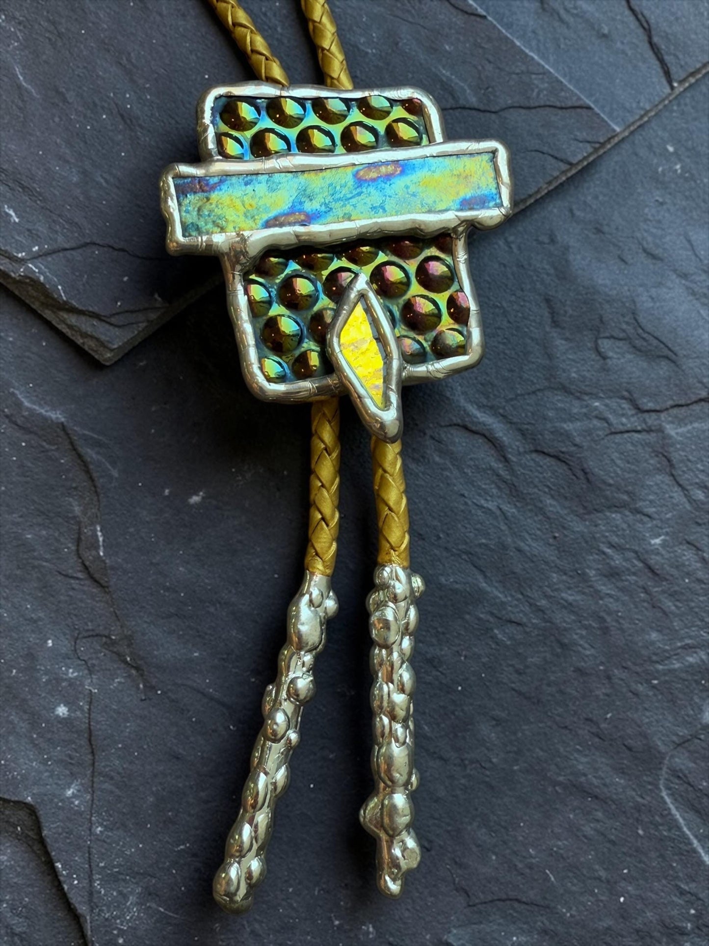 Cyberpunk Stained Glass Bolo Tie – Handmade Western Necklace | Whimsical Jewelry for Festival Fashion and Celestial Cowboy Vibes