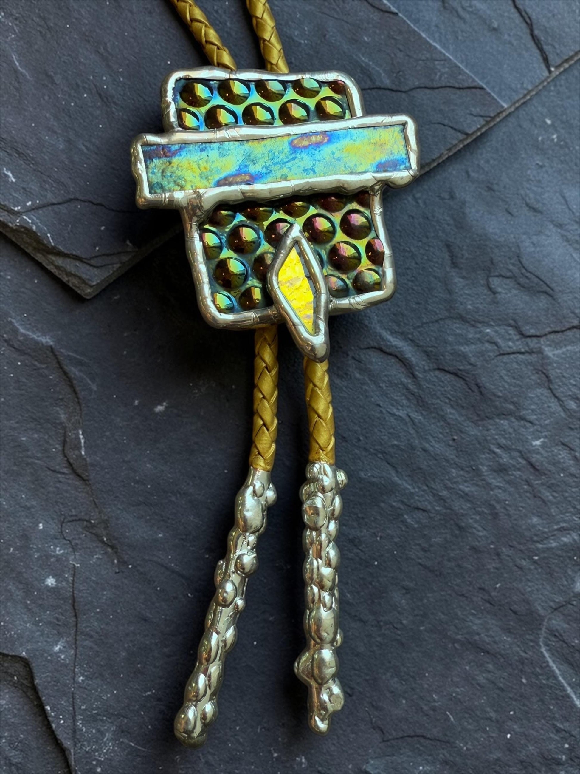 Cyberpunk Stained Glass Bolo Tie – Handmade Western Necklace | Whimsical Jewelry for Festival Fashion and Celestial Cowboy Vibes
