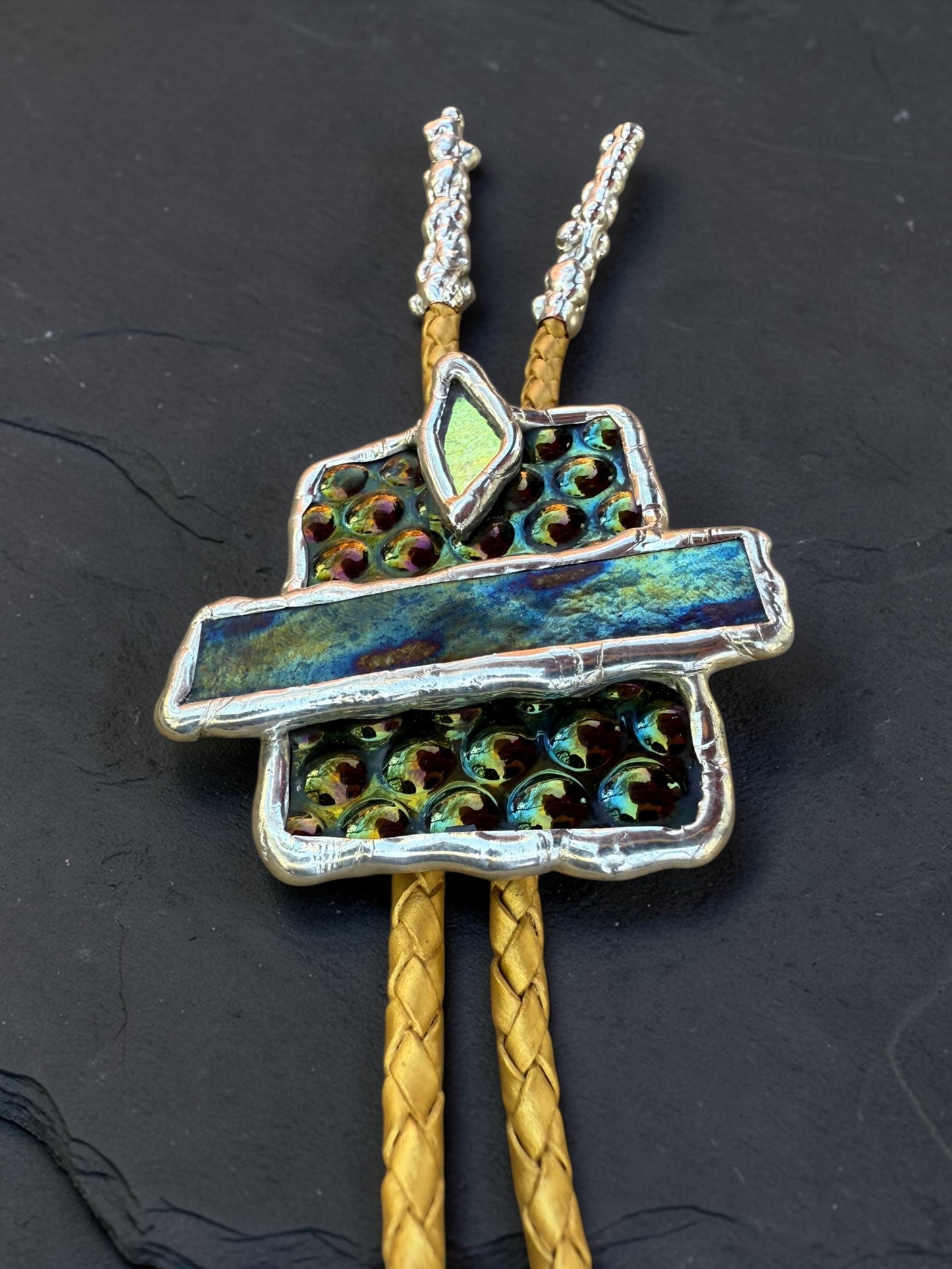 Cyberpunk Stained Glass Bolo Tie – Handmade Western Necklace | Whimsical Jewelry for Festival Fashion and Celestial Cowboy Vibes