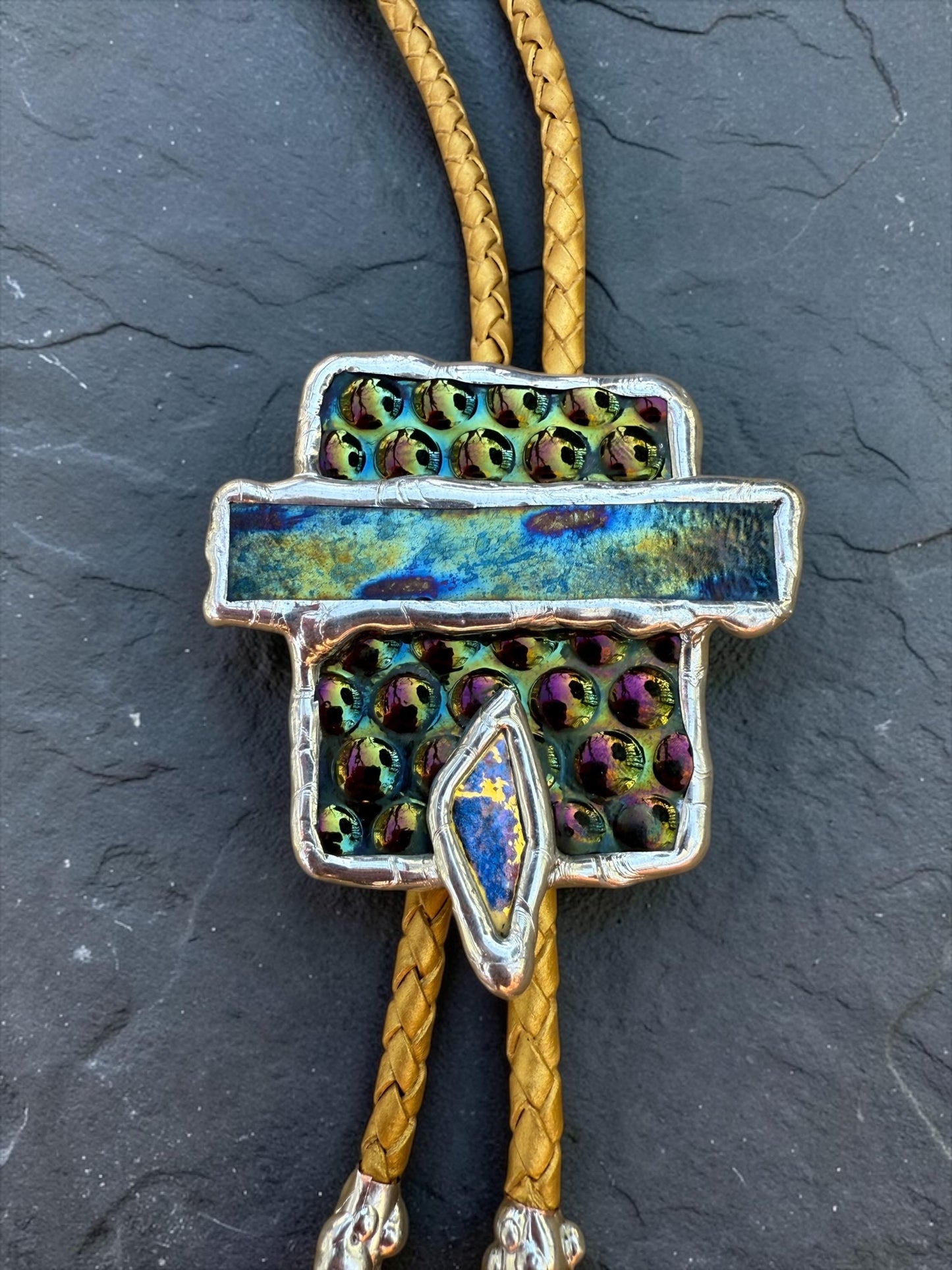 Cyberpunk Stained Glass Bolo Tie – Handmade Western Necklace | Whimsical Jewelry for Festival Fashion and Celestial Cowboy Vibes