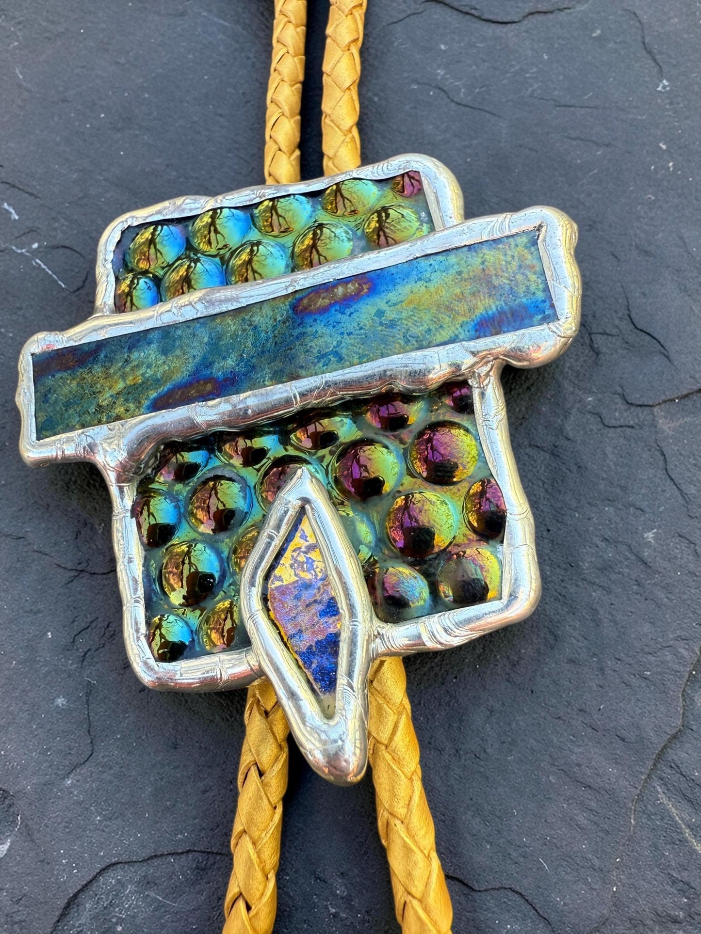 Cyberpunk Stained Glass Bolo Tie – Handmade Western Necklace | Whimsical Jewelry for Festival Fashion and Celestial Cowboy Vibes