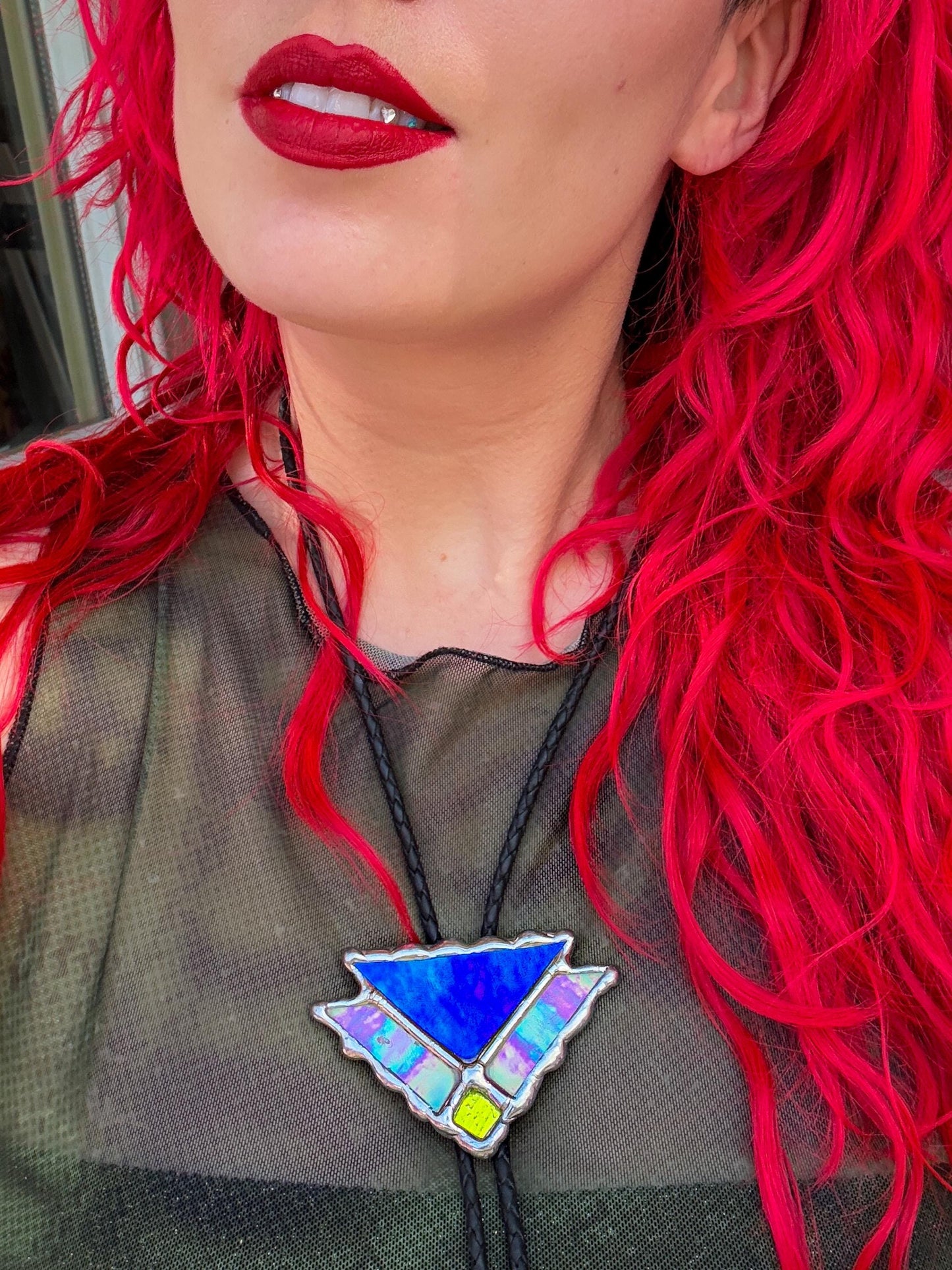 Art Deco Stained Glass Bolo Tie – Handmade Western Necklace | Whimsical Jewelry for Festival Fashion and Celestial Cowboy Vibes