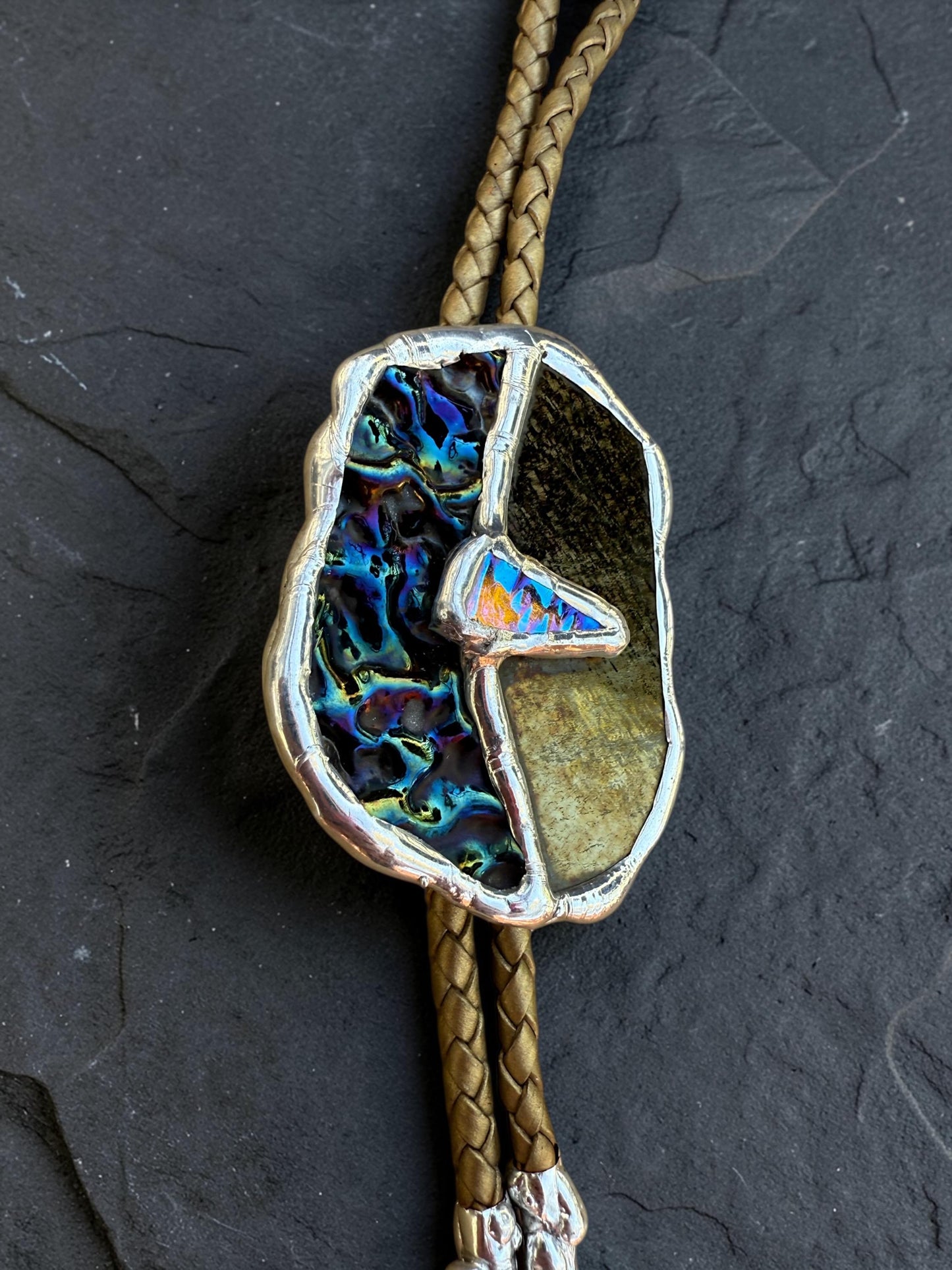 Moon Phase Whimsigoth Bolo Tie – Stained Glass Handmade Western Necklace | Whimsical Jewelry for Festival Fashion and Celestial Cowboy Vibes