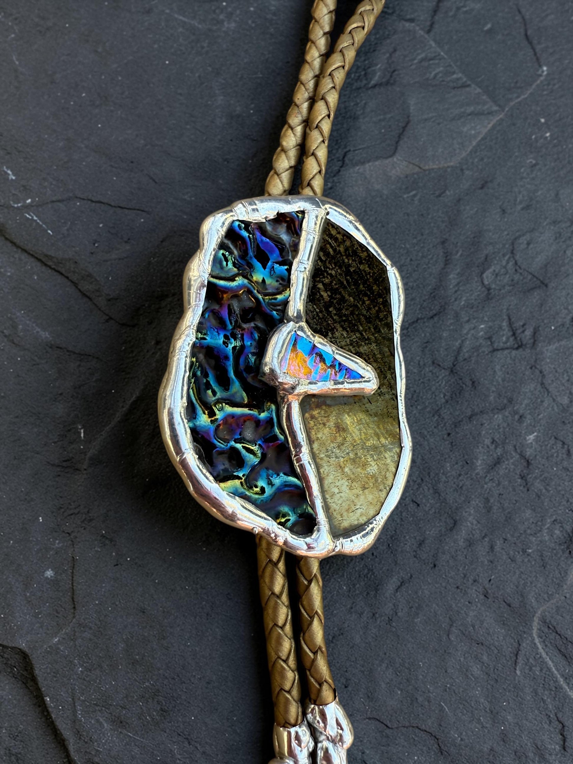 Moon Phase Whimsigoth Bolo Tie – Stained Glass Handmade Western Necklace | Whimsical Jewelry for Festival Fashion and Celestial Cowboy Vibes