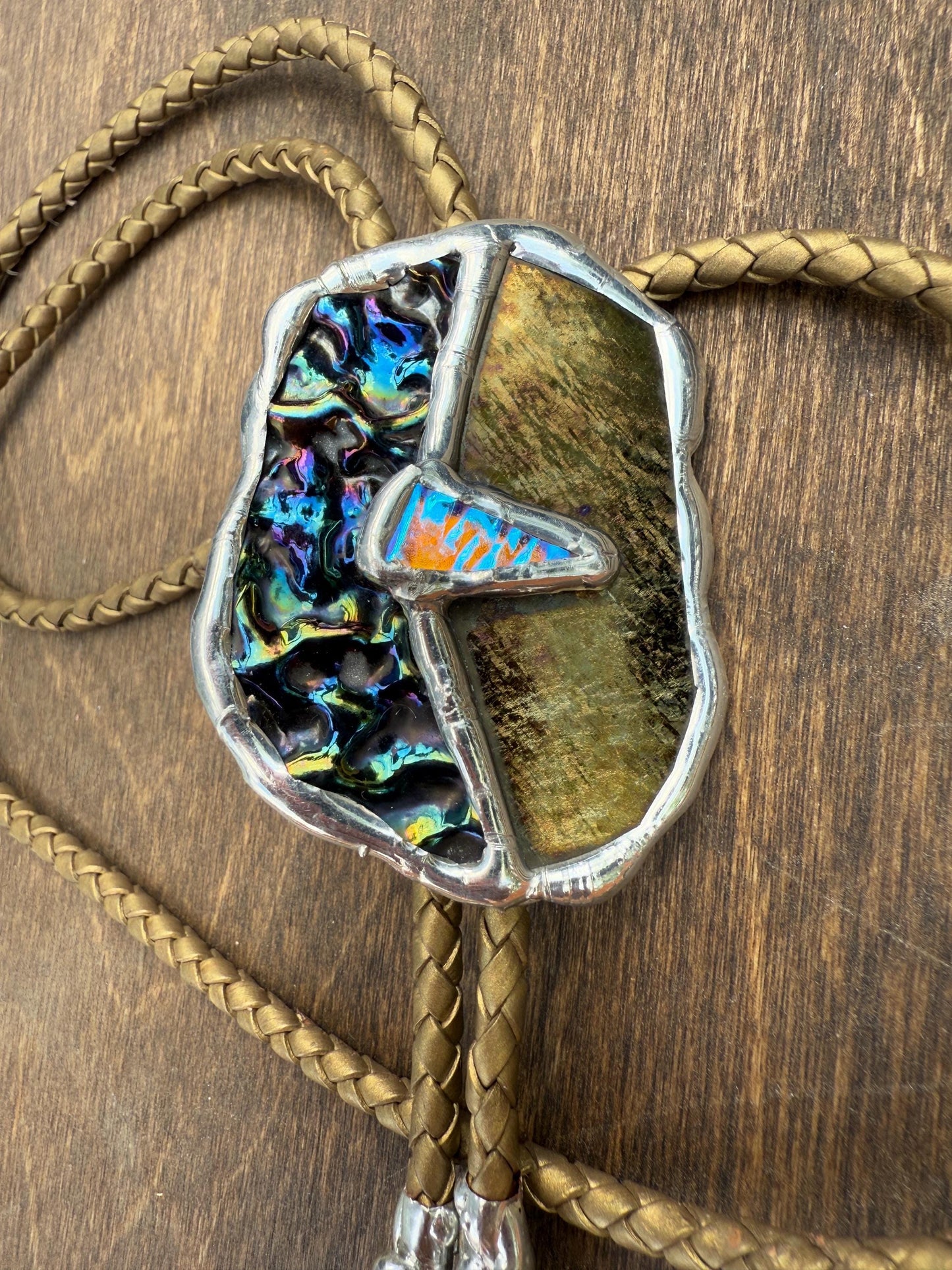 Moon Phase Whimsigoth Bolo Tie – Stained Glass Handmade Western Necklace | Whimsical Jewelry for Festival Fashion and Celestial Cowboy Vibes