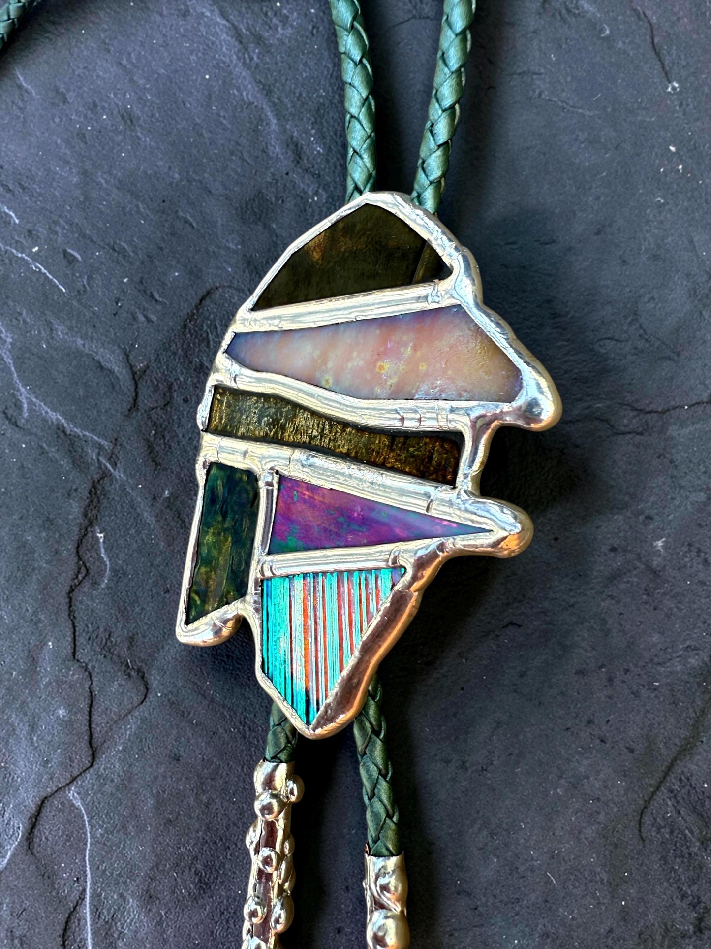Whimsigoth Stained Glass Bolo Tie – Iridescent Handmade Western Necklace | Whimsical Jewelry for Festival Fashion and Celestial Cowboy Vibes